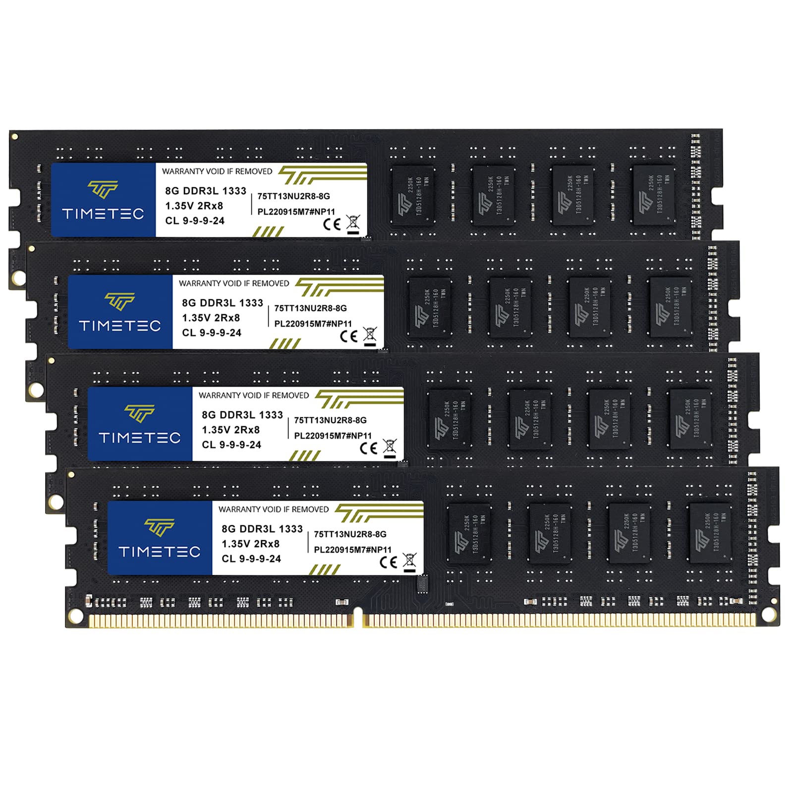 Timetec 32Gb Kit(4X8Gb) Ddr3 / Ddr3L 1333Mhz Pc3 10600 Non Ecc Unbuffered 1.5V / 1.35V Cl9 2Rx8 Dual Rank 240 Pin Udimm Pc Deskt