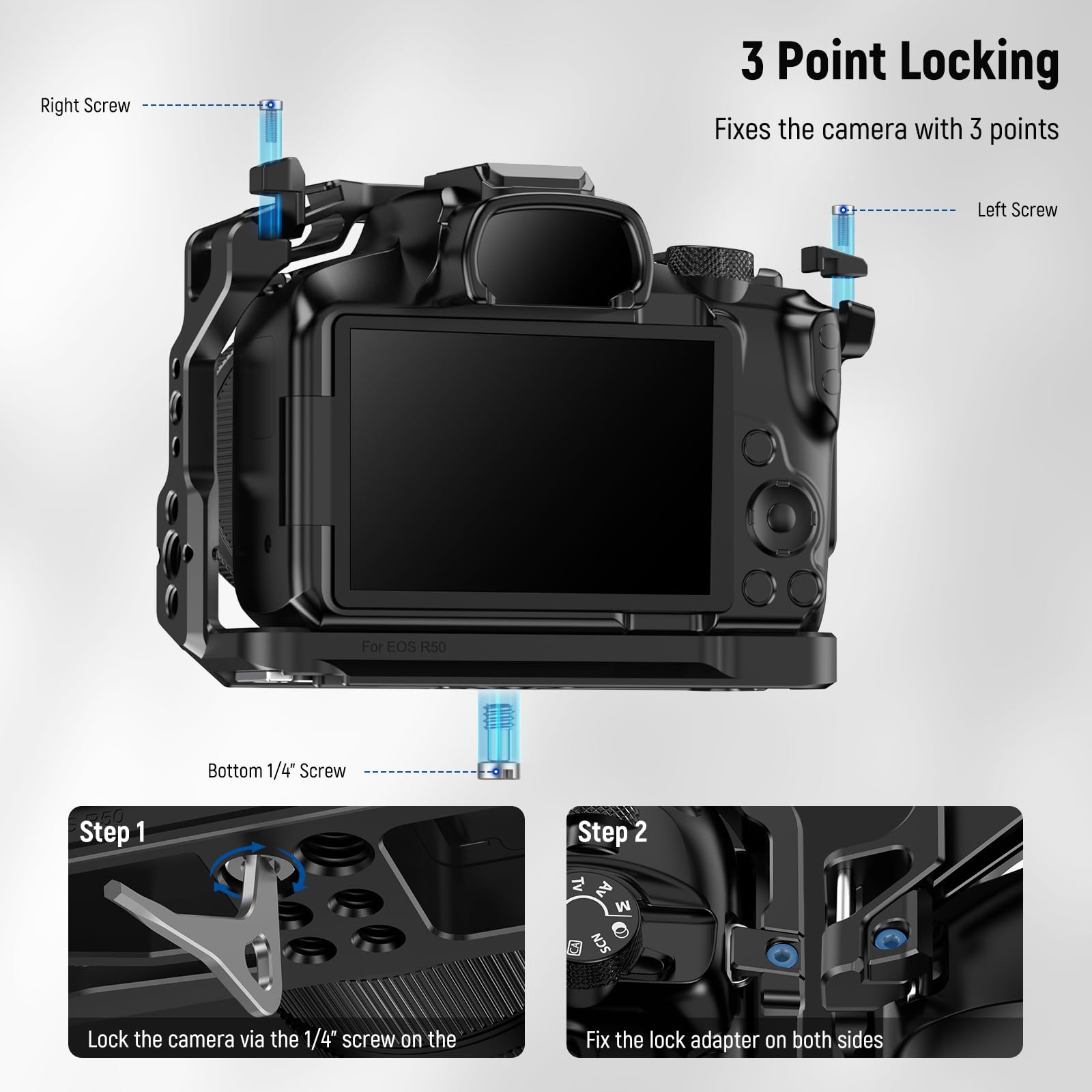 Neewer R50 Camera Cage Compatible With Canon Eos R50, Aluminum Video Rig With Nato Rail, 1/4'' Threads, 3/8'' Arri Holes, Cold S