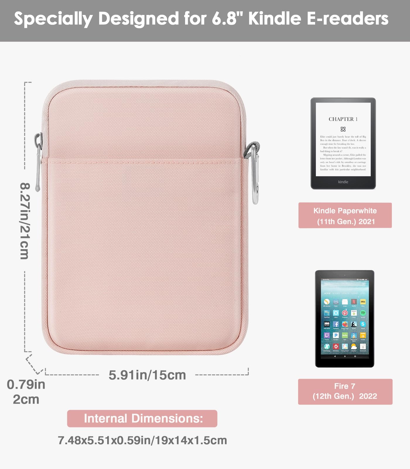 Moko 6 7 Inch Kindle Sleeve Bag, Protective Nylon Cover Compatible with Kindle Paperwhite 2021, Fire 7 2022, All New Kindle/Kids (11th Generation) 2022, Kindle Oasis E Reader, Pink