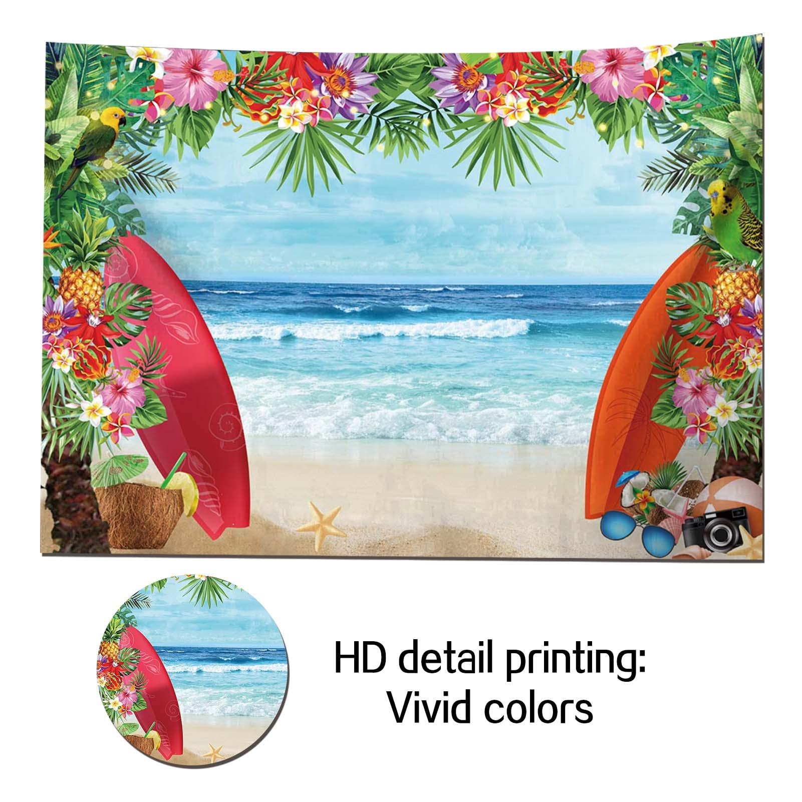 8X6Ft Summer Tropical Beach Theme Photo Background Fabric Beach Conch Hawaii Blue Sea Flower Children Birthday Luau Party Photog
