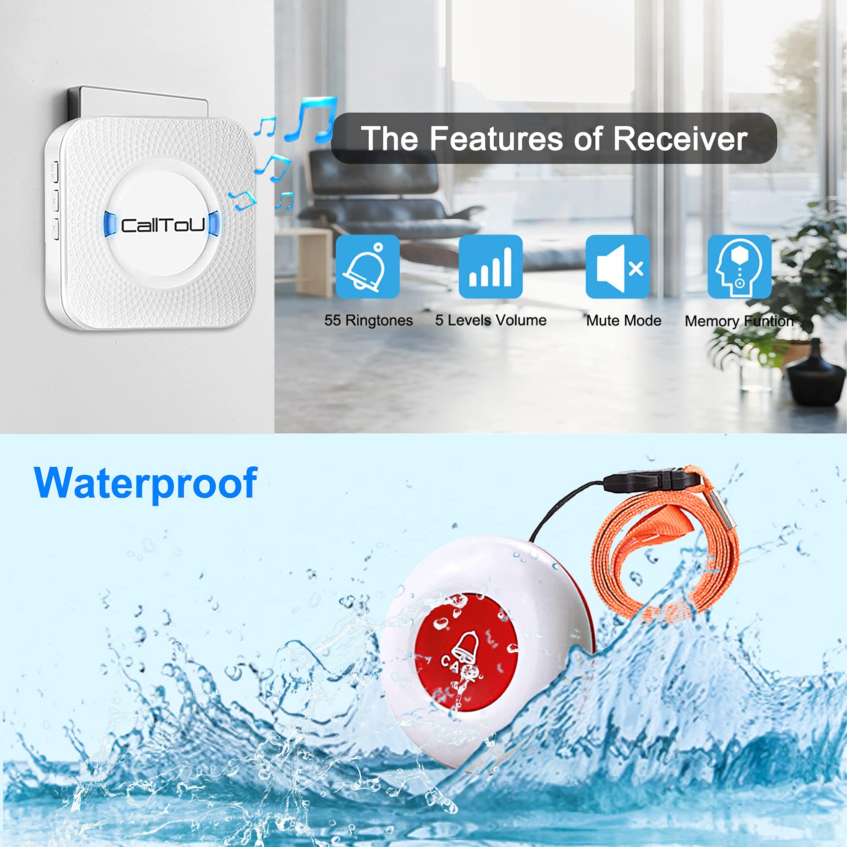 Calltou Caregiver Pager Wireless Alert Button Home Intercom System Long Range 2 Way Radio For Elderly/Patient/Pregnant/Home/Offi