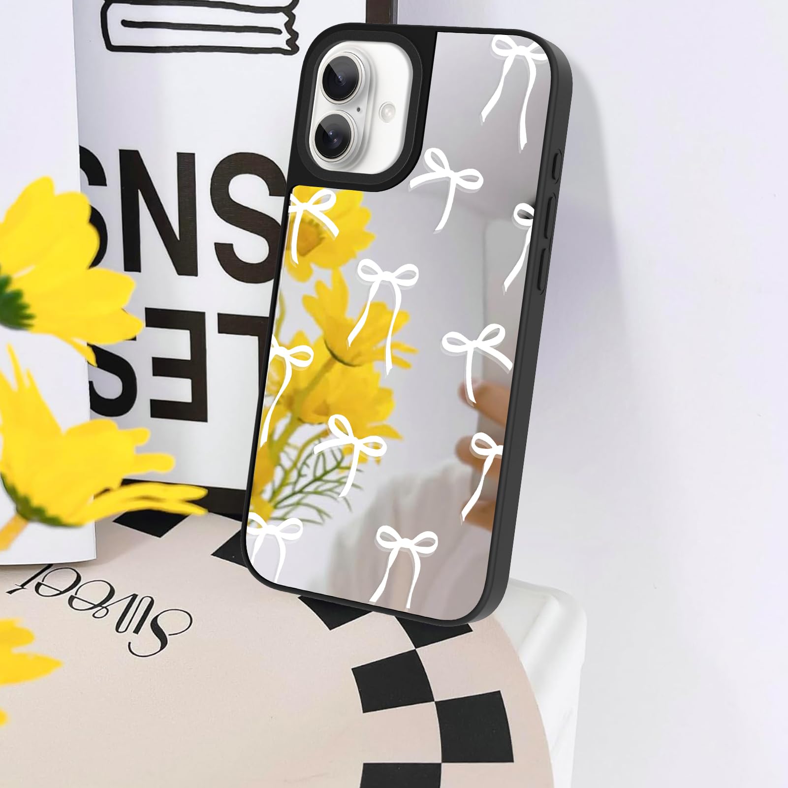Ziye Mirror Case For Iphone 16 Plus Case,Cute Mirror White Ribbon Bow Pattern For Women Girls Slim Anti-Drop Shockproof Protecti