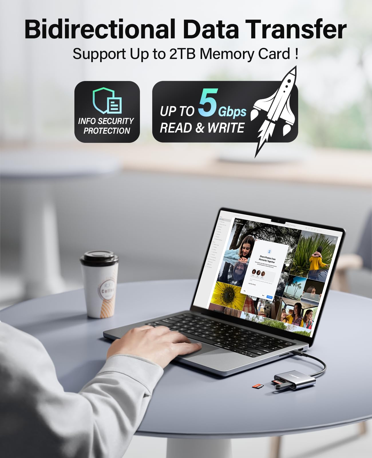 Hicober 3-in-1 USB-C SD Card Reader, Supports 2TB Cards, Space Grey, Compact Size 2.13*1.58*0.43in, Compatible with