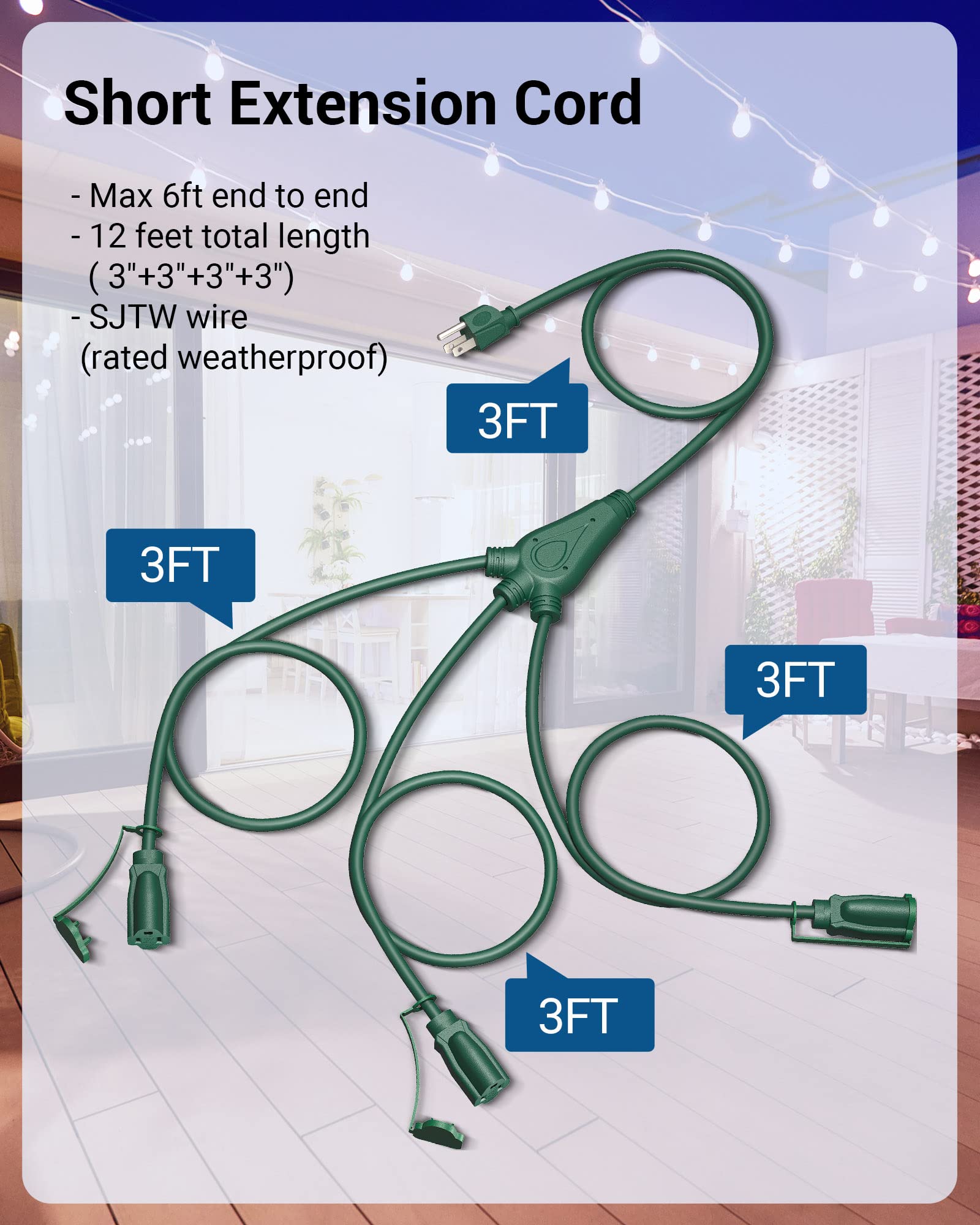 Dewenwils Christmas Outdoor Extension Cord 1 To 3 Splitter, Total 12Ft, 13A 125V 1625W 16/3C Sjtw Extension Cord Outdoor, Heavy