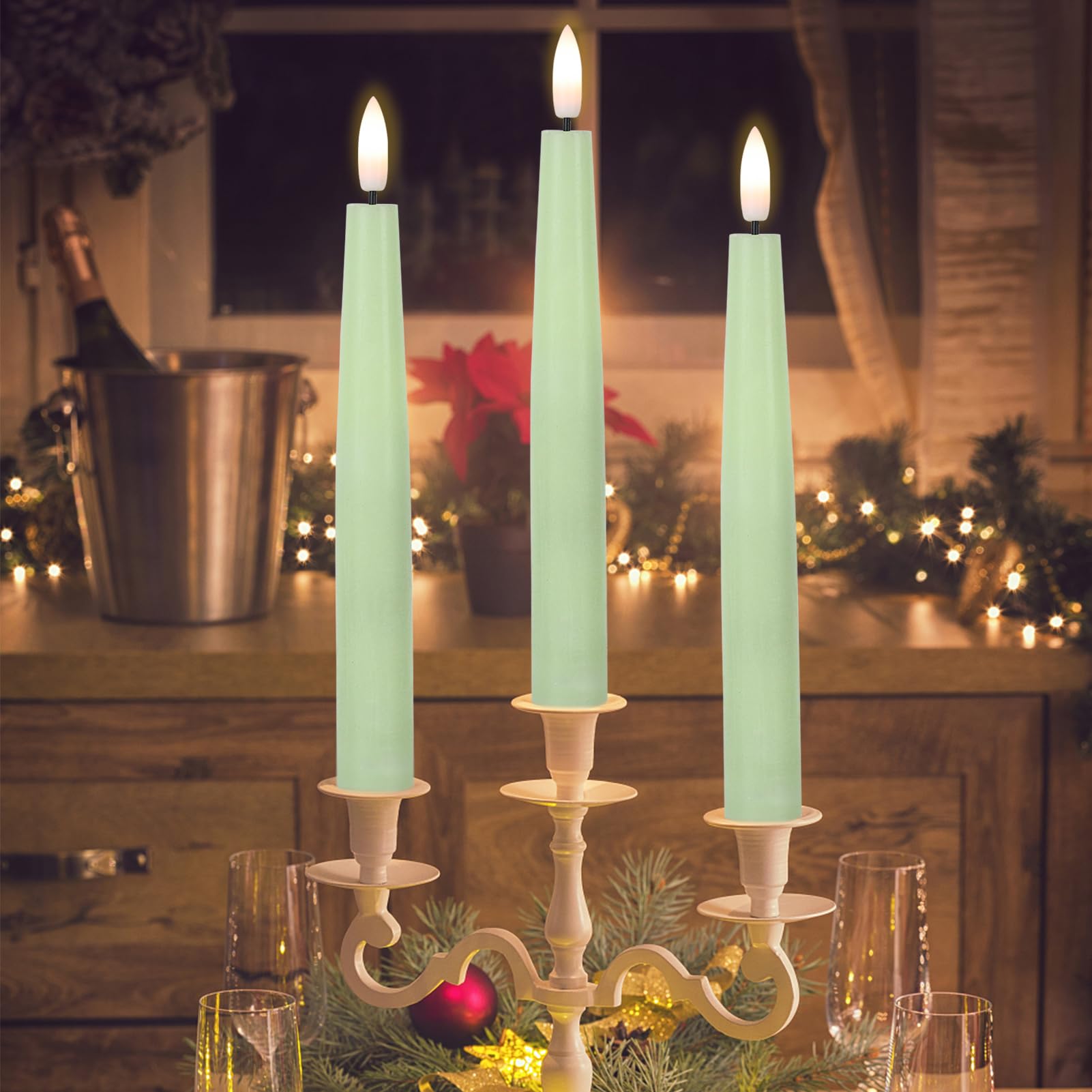 Dromance Short Flameless Taper Candles With Remote And Timer Battery Operated 6 Pack Green Led Taper Candles Real Wax 3D Wick Fl