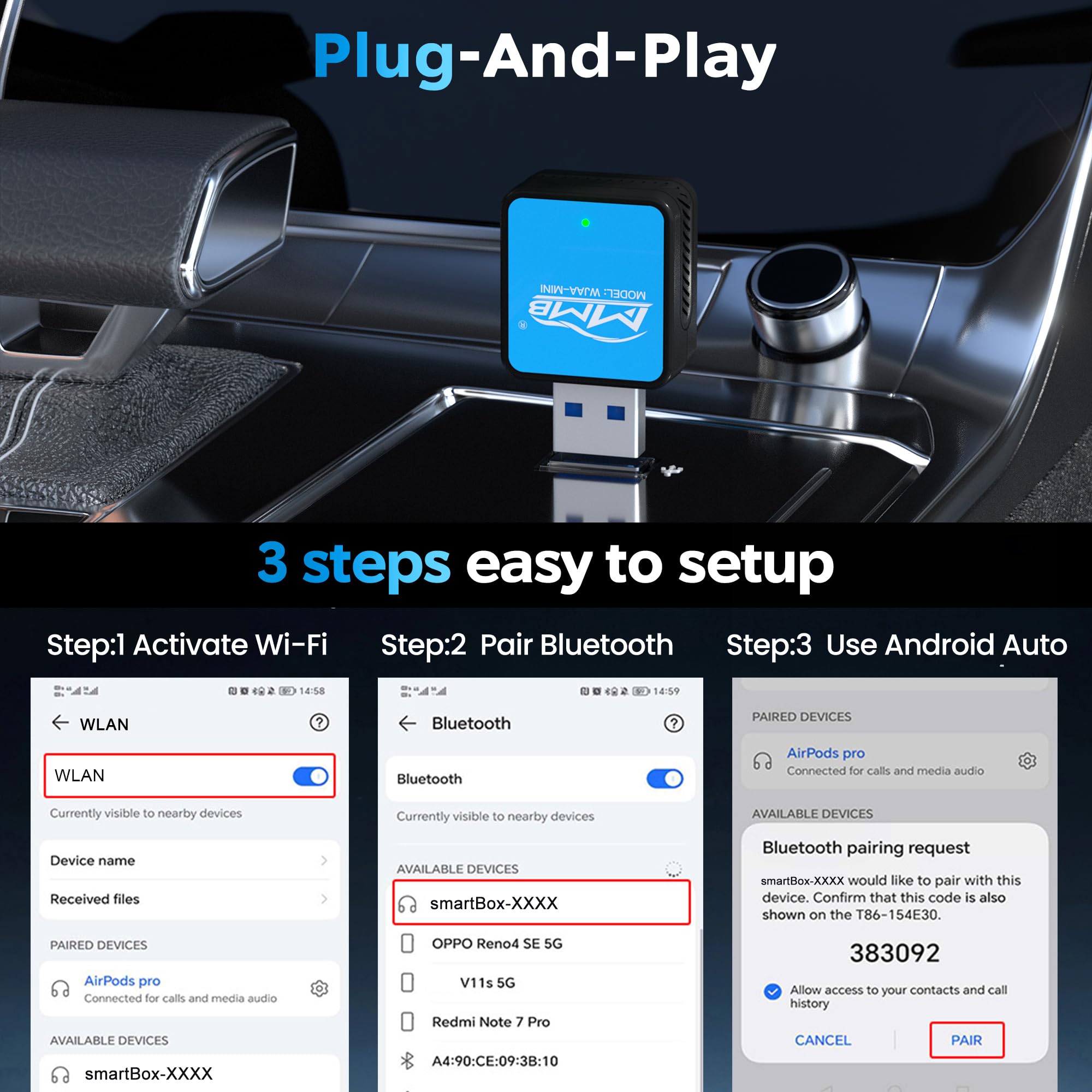 Mmb Mini Android Auto Wireless Adapter, 2024 Newest Android Auto Dongle For Android Phone, Smallest,Plug & Play Converts Wired T