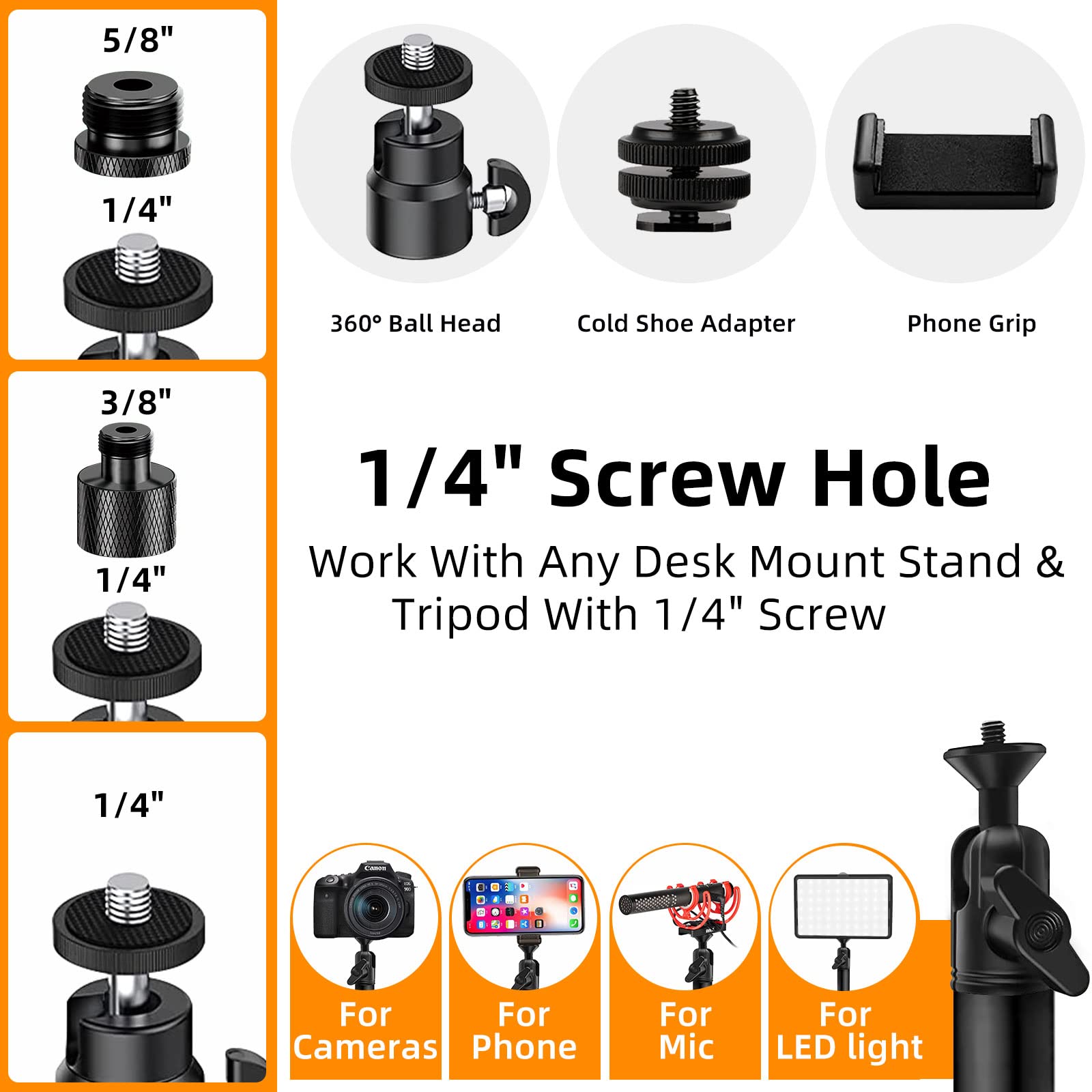 Obeamiu Overhead Camera Mount Desk Stand, Flexible Articulated Arm Dslr Desk Mount Light Stand Phone Holder With 1/4'' 3/8'' 5/8