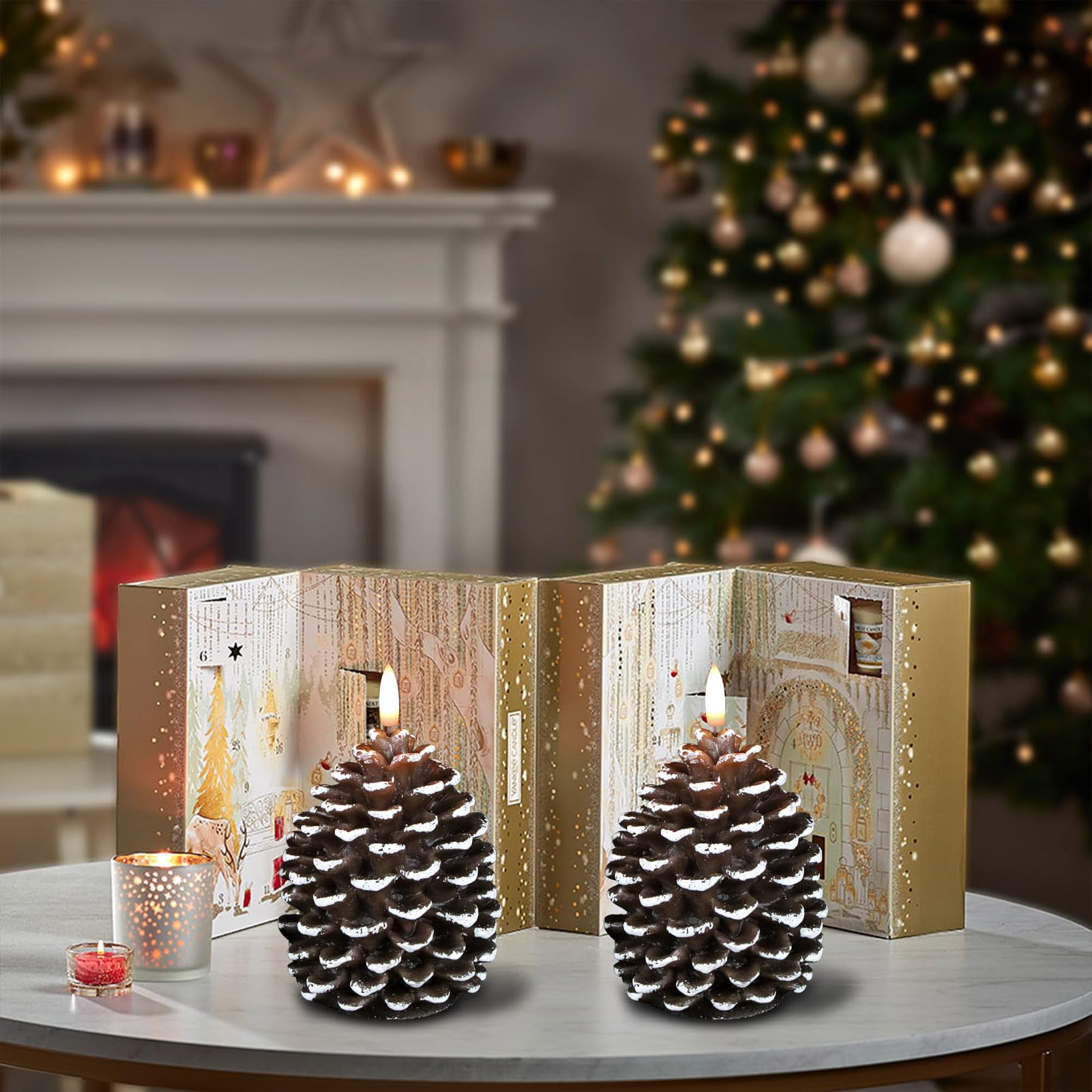 Wondise Flameless Candles With Timer, Battery Operated Flickering 3D Wick Real Wax Pine Cone Candles For Christmas Indoor Decora