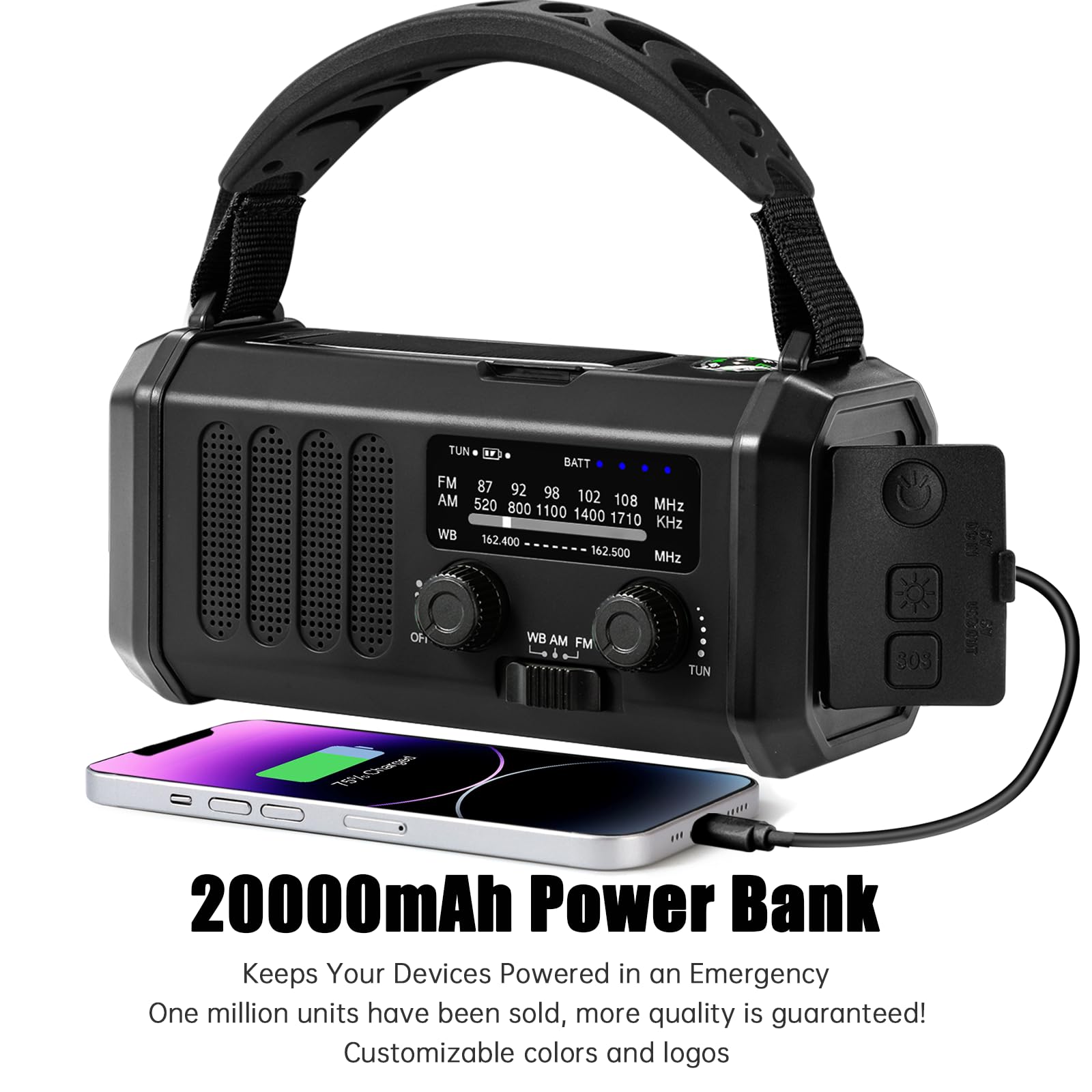 Emergency Weather Radio 20000Mah Noaa/Am/Fm With 74000Mwh Usb/Solar/Hand Crank Charging, Battery Operated, Sos Alarm & Flashligh