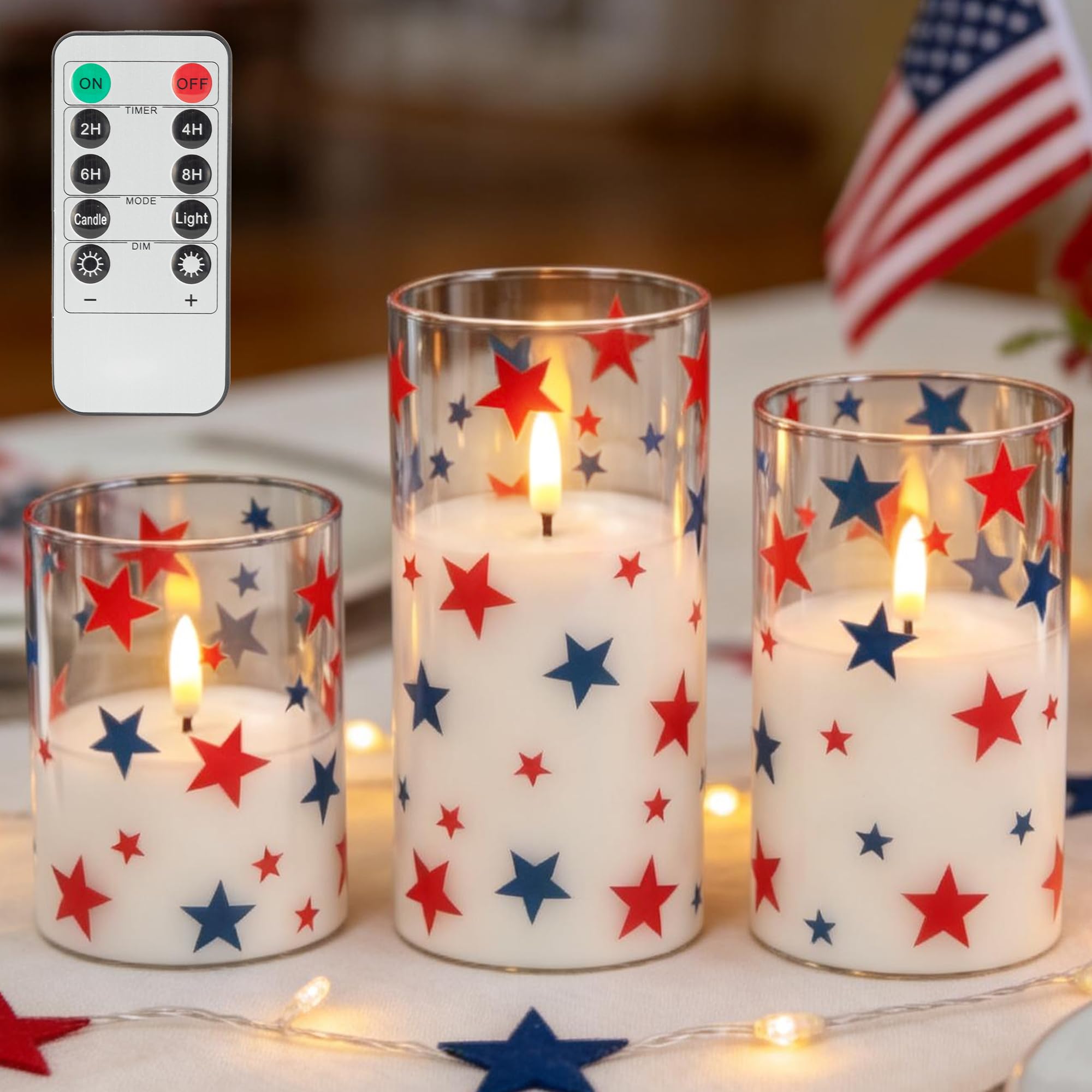 LUSHARBOR Patriotic Flameless Candles with Remote, 4th of July Battery Operated Candles with Star Decor, Set of 3 Glass LED Elec
