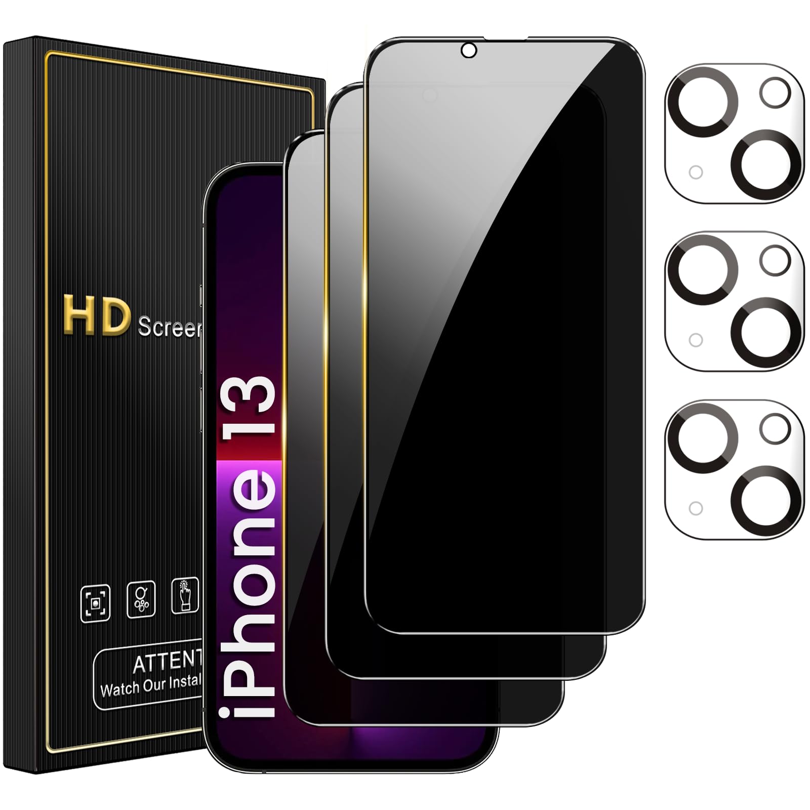 Nbiefuny 3 Pack Privacy Screen Protector For Iphone 13 6.1 Inch With 3 Pack Camera Lens Protector, Anti Spy Tempered Glass Film,