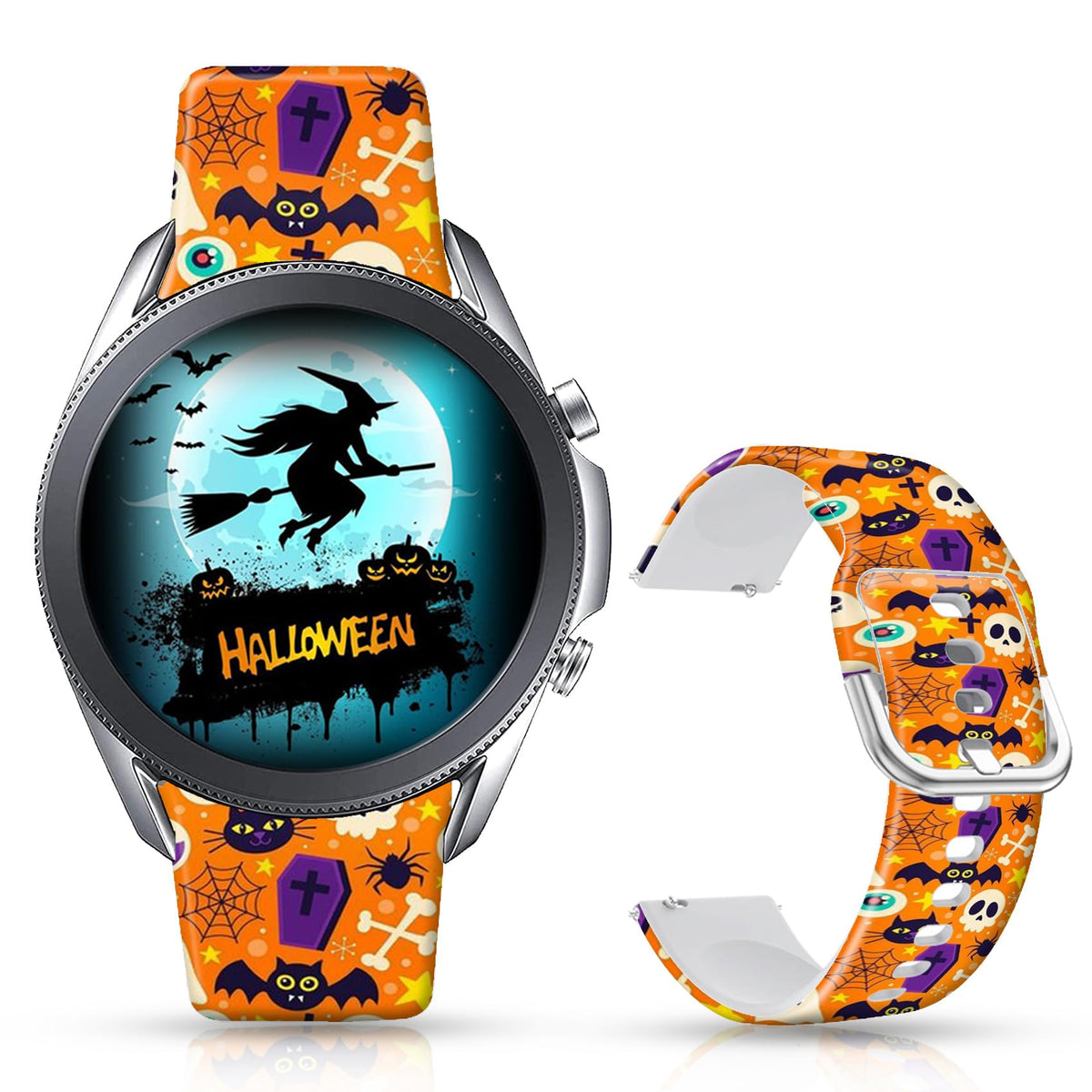 Doo Uc 20Mm Halloween Bat Cat/Ghost (Orange) Floral Silicone Sport Watch Bands Compatible With Samsung Galaxy Active 2/Galaxy Wa