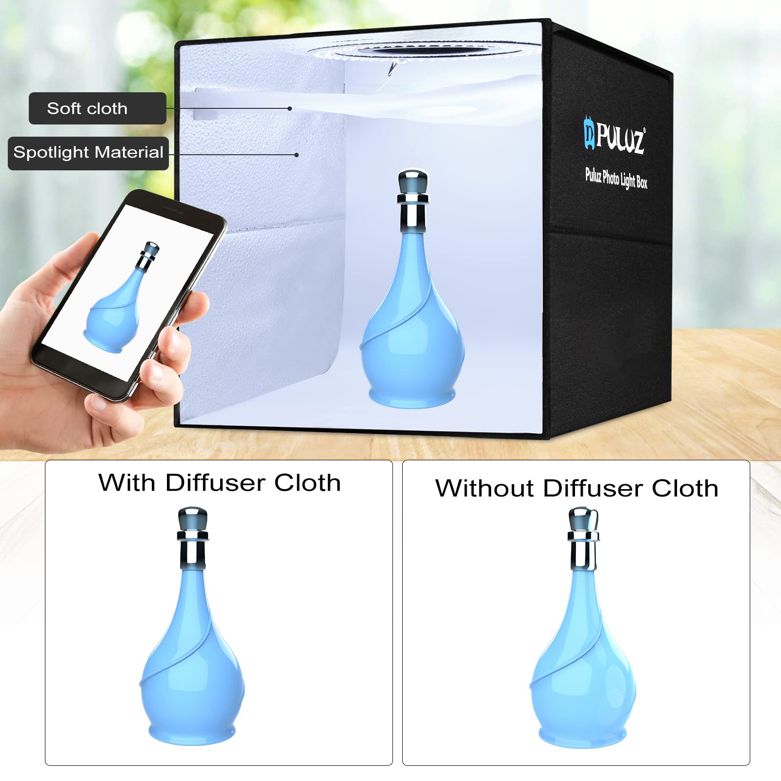 Puluz Photo Light Box, 16'' X 16'' Professional Foldable Portable Studio Photography, Tri Color Dimmable Light Shooting Tent Box