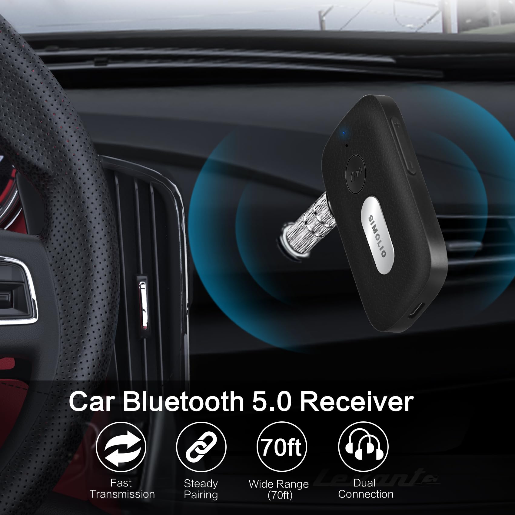 Simolio Bluetooth 5.0 Receiver For Car, Wireless Bluetooth Aux Adapter, 3.5Mm Bluetooth Adapter For Home Stereo/Speaker/Wired He