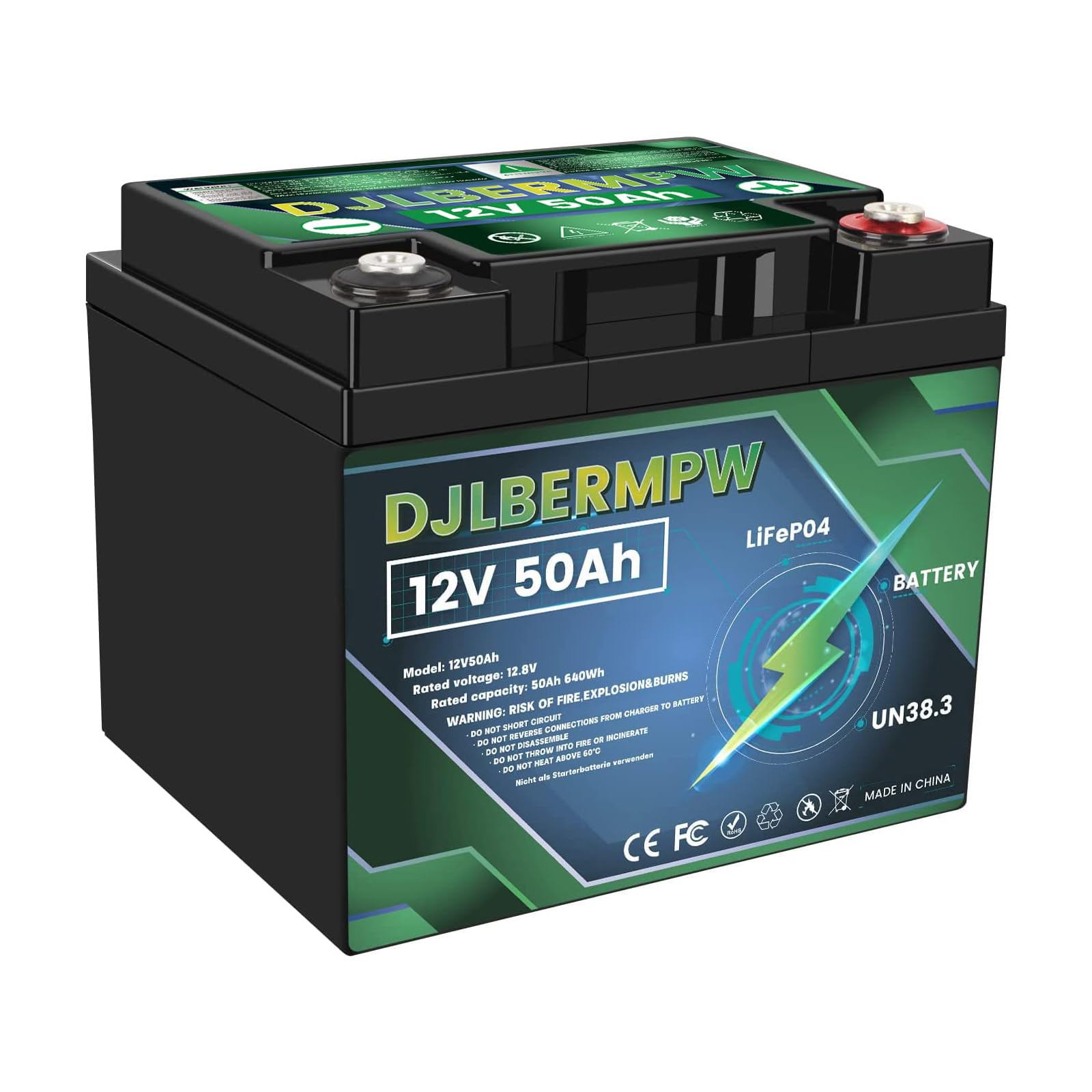 DJLBERMPW 12V 50Ah Lithium Battery 12V LiFePO4 Batteries 640W Load Power 4000+ Deep Cycle Lithium Iron Phosphate Battery Built-i