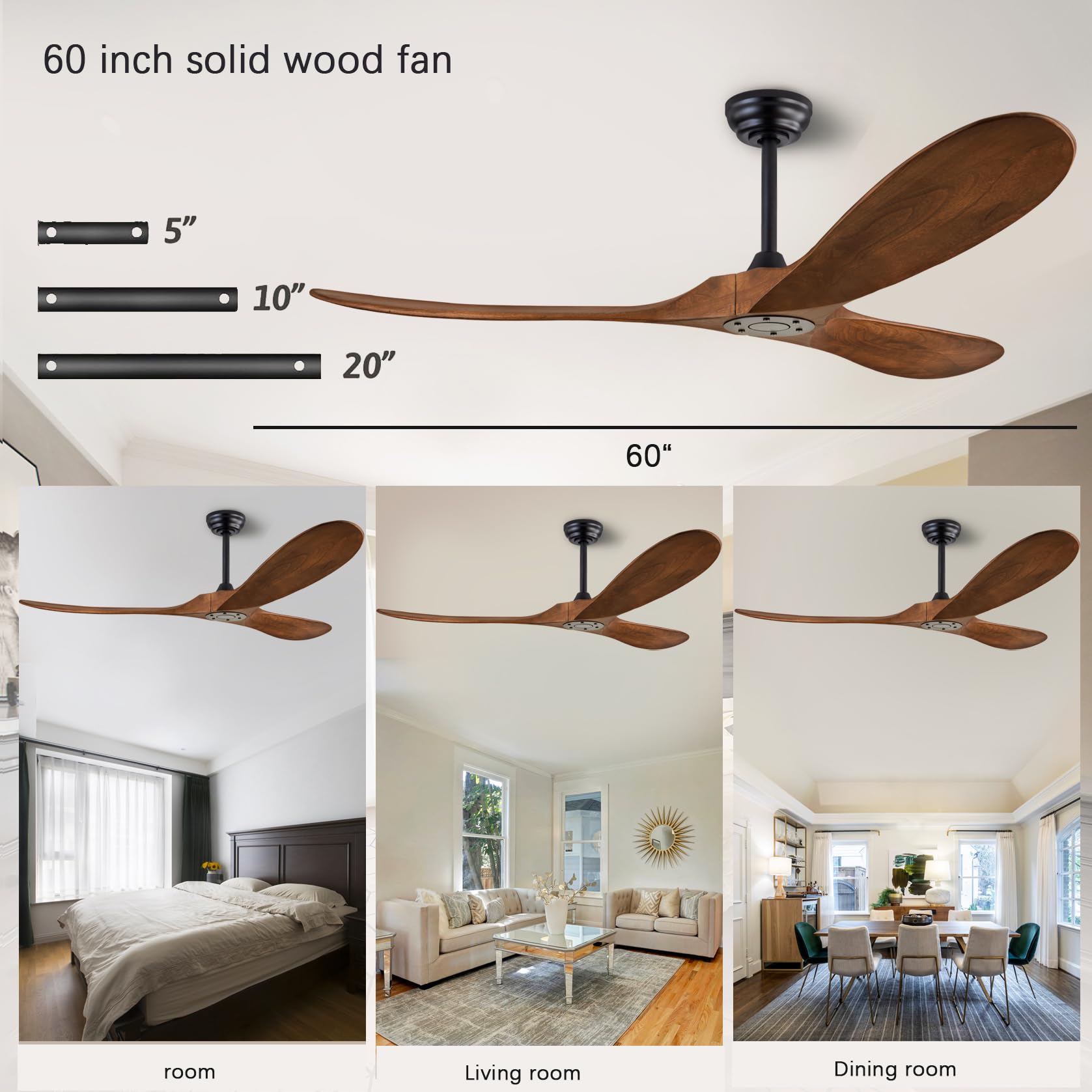 60'' Ceiling Fans ?No Light With Remote Control?, Indoor Outdoor Wood Ceiling Fan ?With 3 Wood Blades? For Patio, Living Room, B