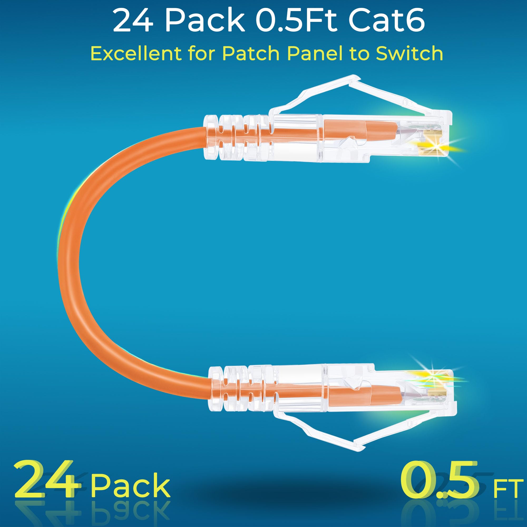 Rapink Patch Cables Cat6/ Cat6A 0.5Ft (24 Pack) Slim, Cat6A Ethernet Patch Cable 10G Support, Snagless Cat 6 Patch Cable For Patch Panel To Switch, Flexiable Cat6 Ethernet Cable Orange