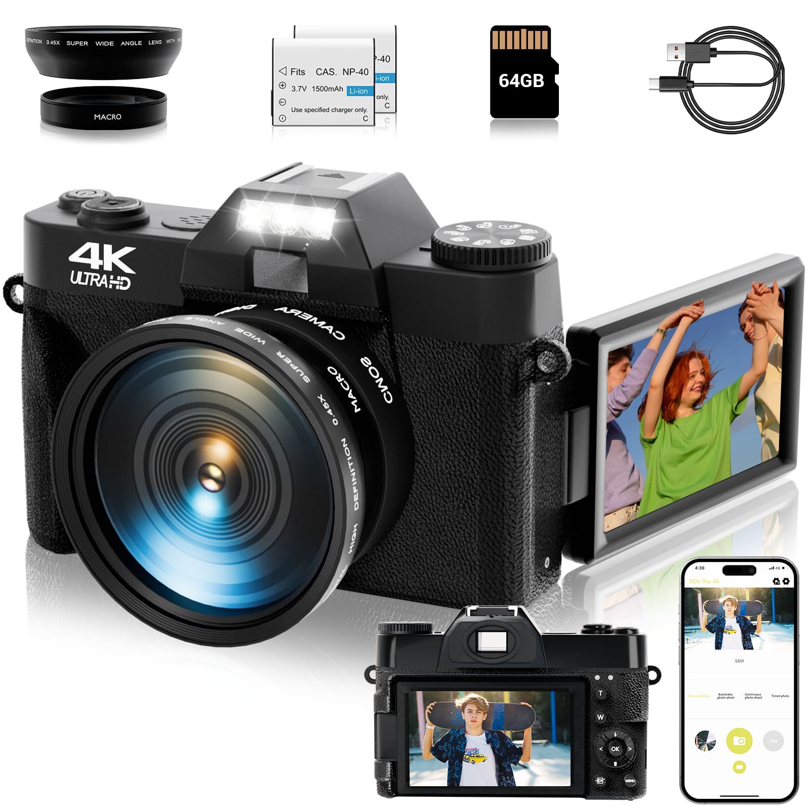 4K Digital Camera for Photography Autofocus 48MP 16X Digital Zoom with WiFi 3 180 Flip Screen Vlogging YouTube Video Students 