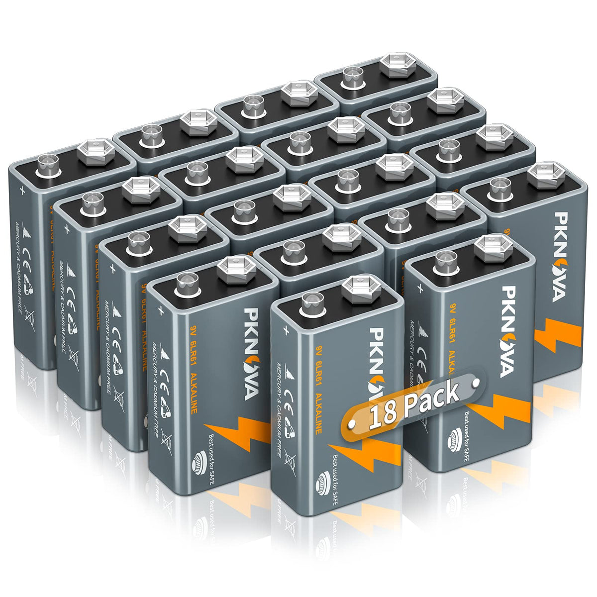 Pknova 9V Batteries Alkaline 9 Volt Square Battery For Smoke Detector, Long Lasting, 18 Count Pack