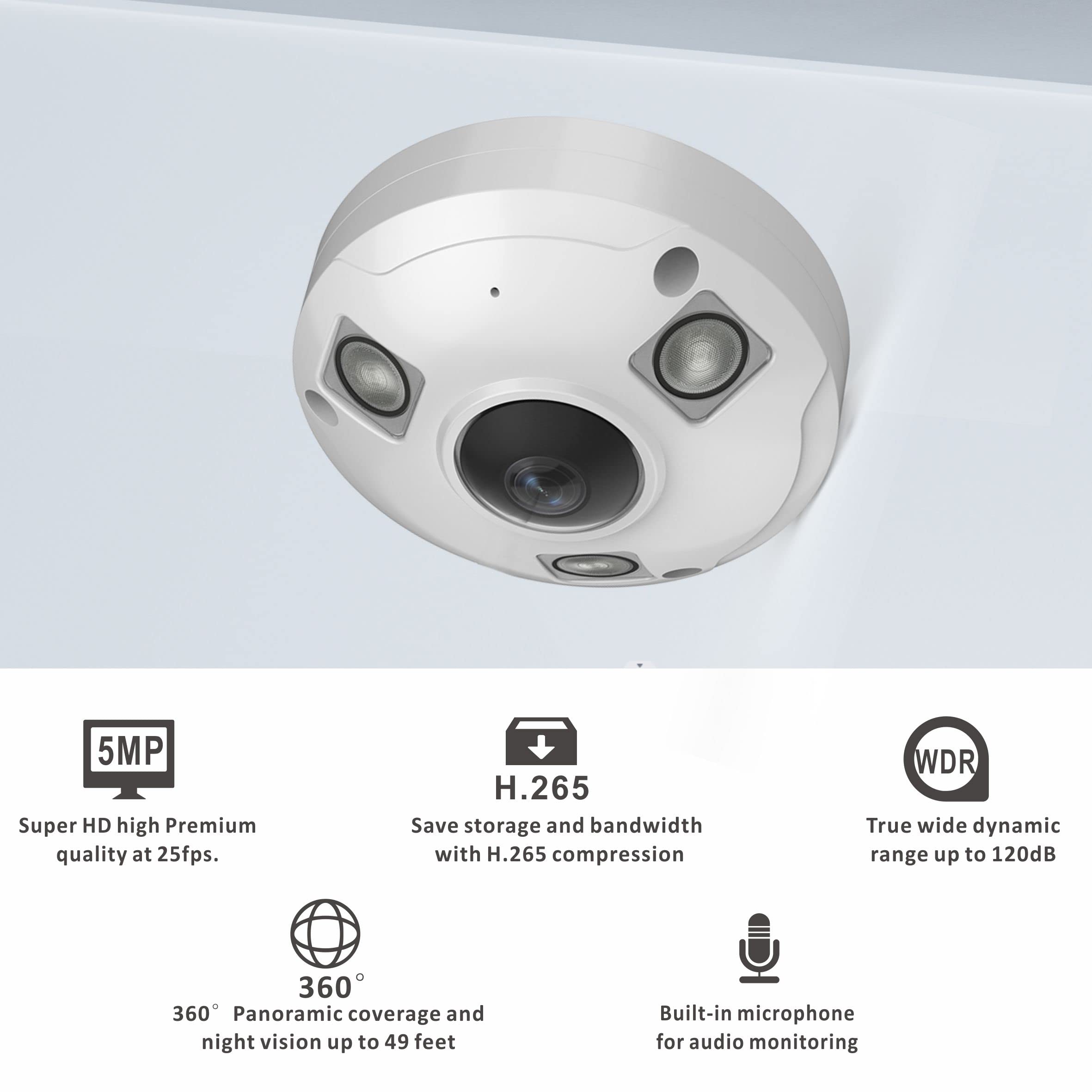 Inwerang 5Mp Poe Ip Fisheye Camera, One Way Talk, 1.44Mm Lens 360 Viewing Angle, 48Ft Infrared Night Vision, Motion Detection, W