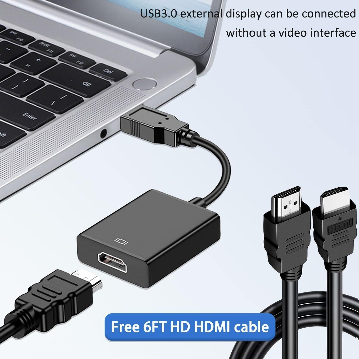 Usb To Hdmi Adapter With 6Ft Hdmi To Hdmi Cable, Usb 3.0 To Hdmi Full 1080P Video Audio Converter For Pc, Laptop To Monitor, Sup