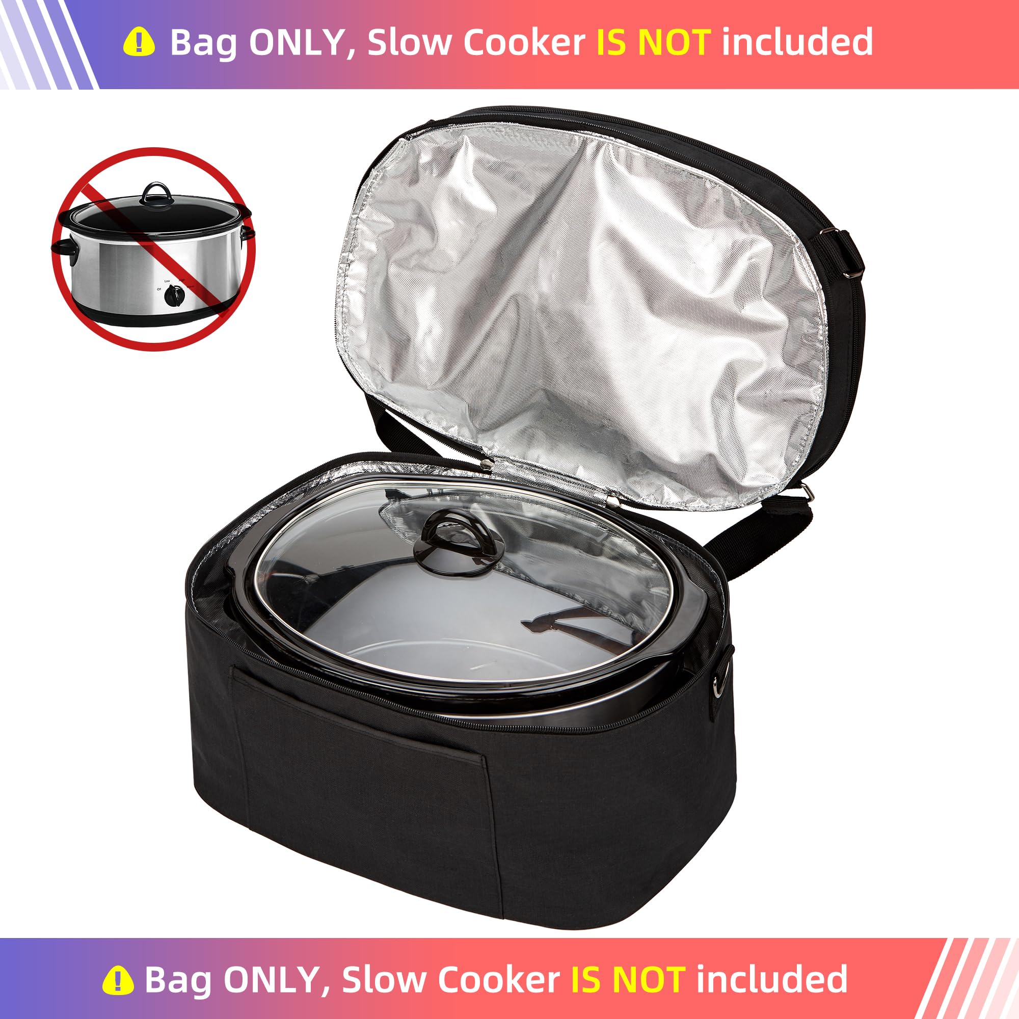 Homest Slow Cooker Bag For Crock Pot 6 8 Quart, Insulated Travel Carrier With Easy To Clean Lining, Carry Case With Top Zip Comp