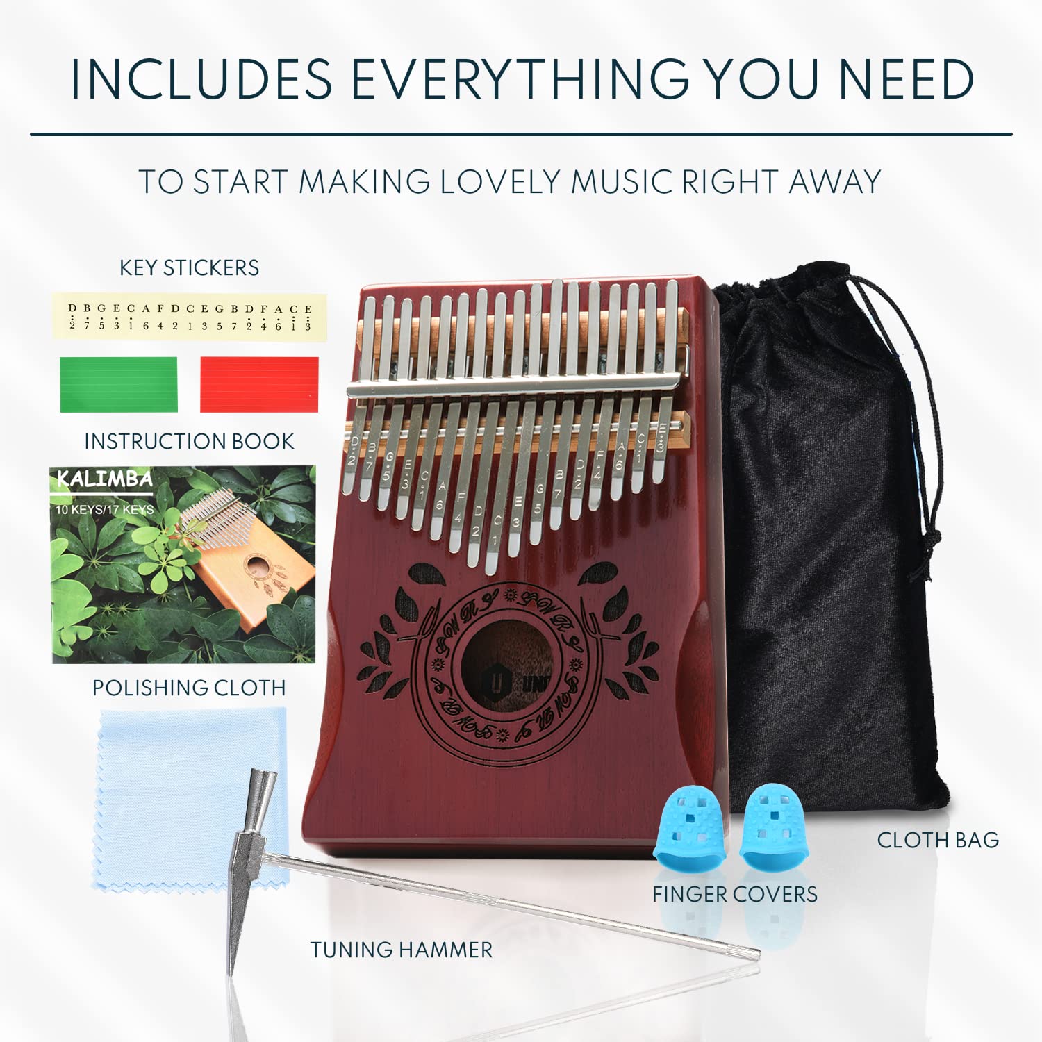 Unokki Kalimba 17 Key Thumb Piano | Premium, Lightweight & Durable Mahogany Mbira   Cherry Finish | Reduce Stress & Promote Well