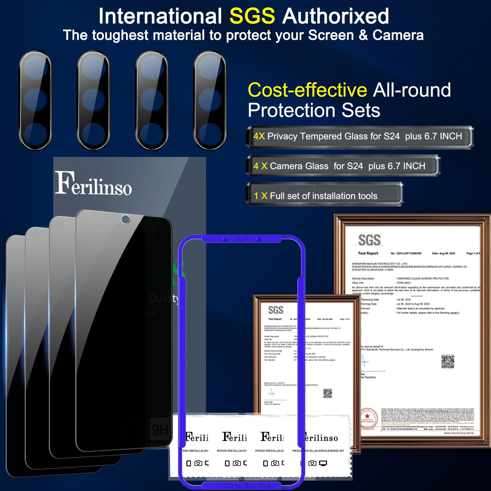 Ferilinso 4 Pack Privacy Screen Protector For Samsung Galaxy S24 Plus With 4 Pack Tempered Glass Camera Lens Protector Phone Cas