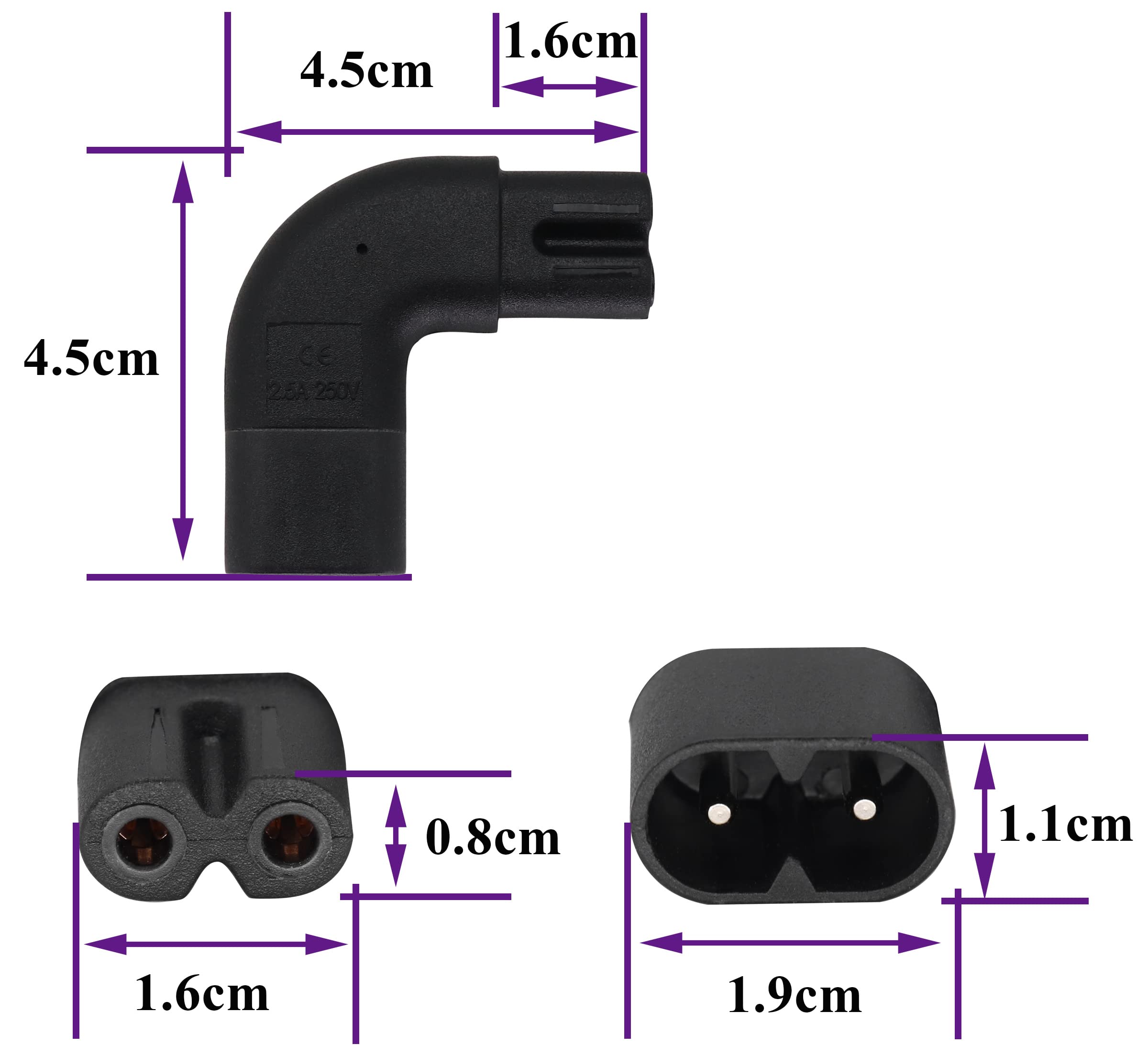 Aaotokk (2 Pack 90 Degree Iec 320 C7 To C8 Power Ac Adapter 10A 125V Left&Right Angle Figure 8 Male To Female Iec C8 To C7 Ac Po