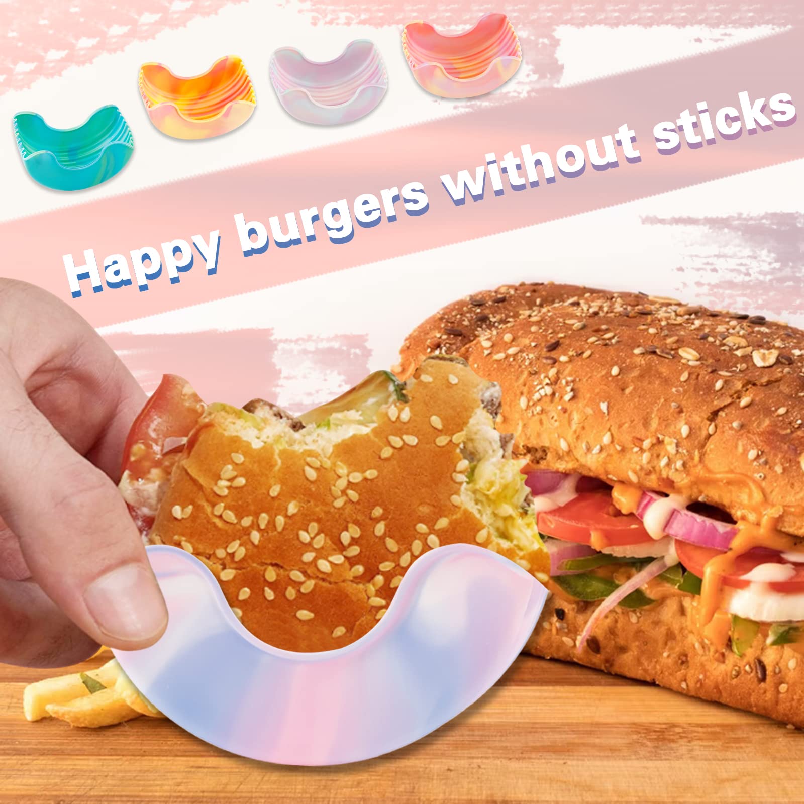 Qoyapow 4Pcs Retractable Burger Fixed Box Adjustable Hamburger Holders Reusable Washable Retractable Hamburger Clip Silicone Rac