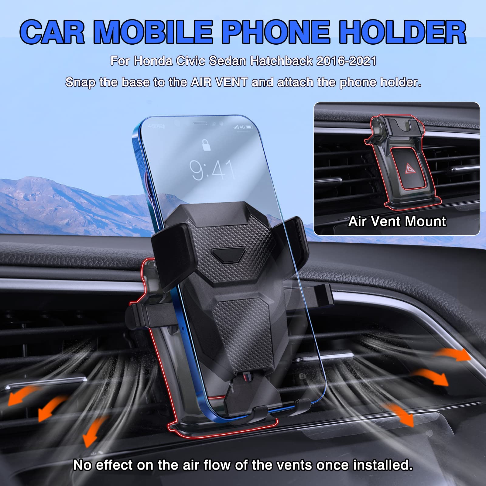 Karltys Car Phone Holder For Honda Civic 2016-2021 Accessories, 10Th Gen. Civic Cell Phone Holer Air Vent Mount For 4-7 Inch Sma