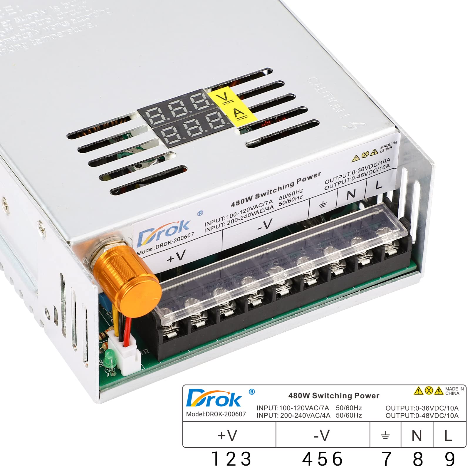 Drok 48V Power Supply, Ac 110V/220V To Dc 0 48V 10A 480W Buck Converter Dual Display, Variable Adjustable Transformer Regulated