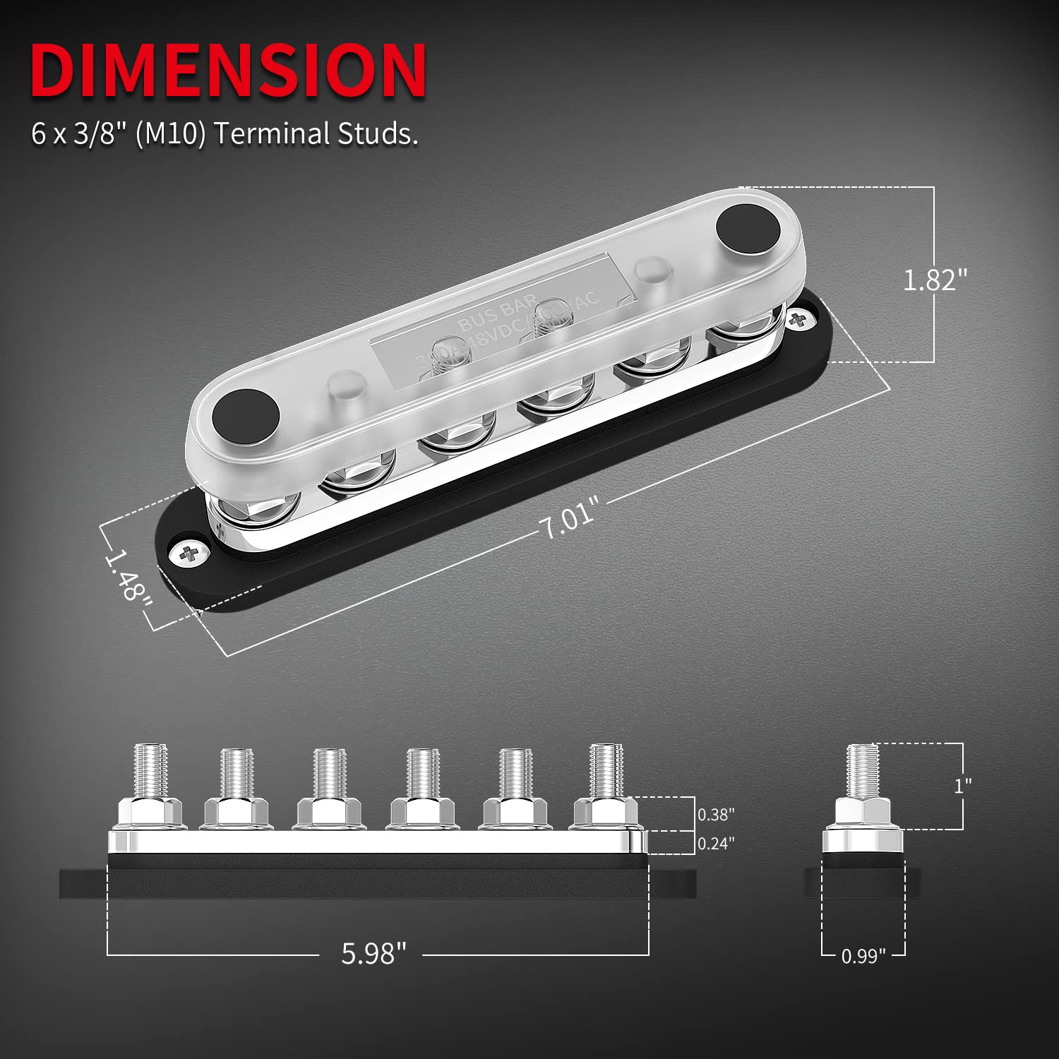Daiertek 300A Bus Bar 12V Marine 12V Power Distribution Block With Cover 6 X 3/8'' (M10) Terminal Studs Max 300V Ac 48V Dc Posit