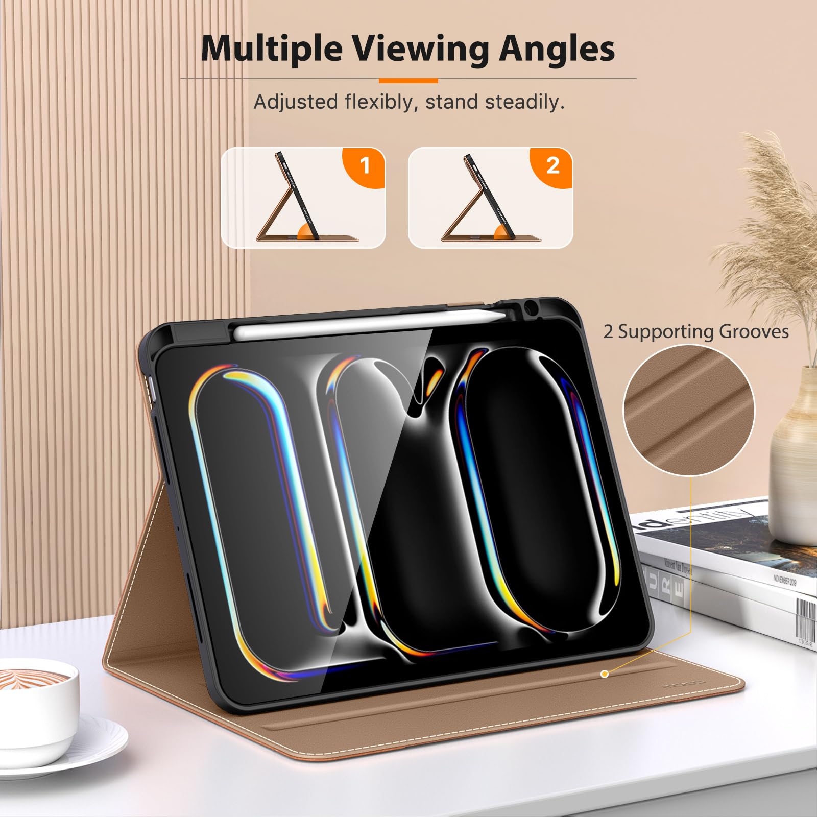 MoKo Case for iPad Pro 11 Inch M4 2024 (5th Generation) with Pencil Holder & Pocket, Built in Hand Strap, Multi Angle Viewing, Premium PU Leather Folio Cover for iPad Pro 11 2024, Brown