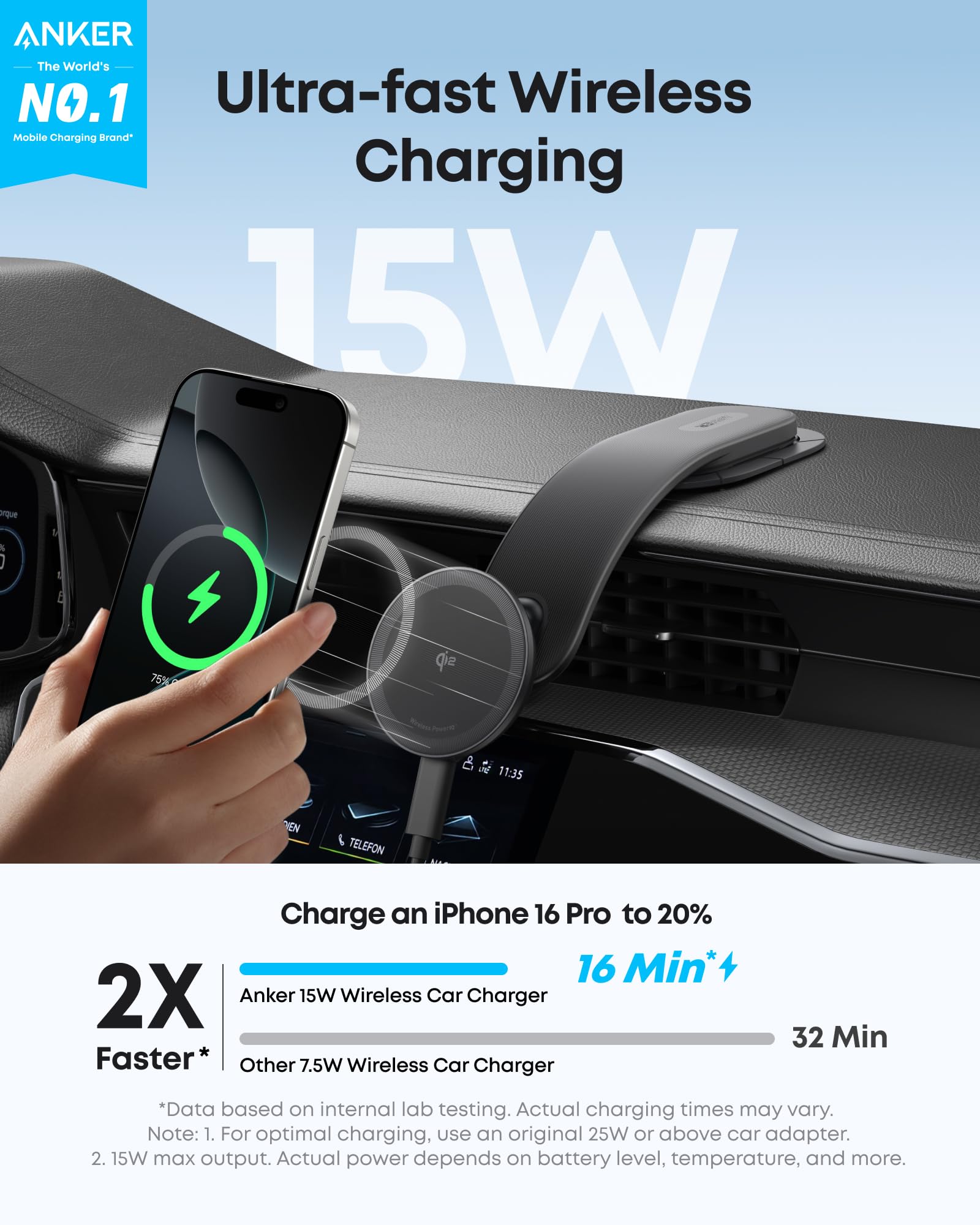 Anker Nano Magnetic Wireless Car Charger, 360 Adjustable Mount Car Charger With Detachable Pad, 15W Qi2 Certified With Alloy Bra