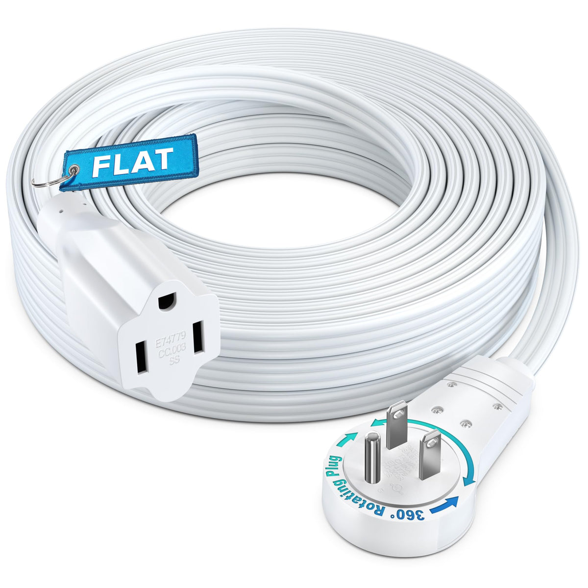 Maximm 360 Rotating Flat Plug Extension Cord 30 Feet With Slim Space-Saving Plug Design, Low Profile (White)