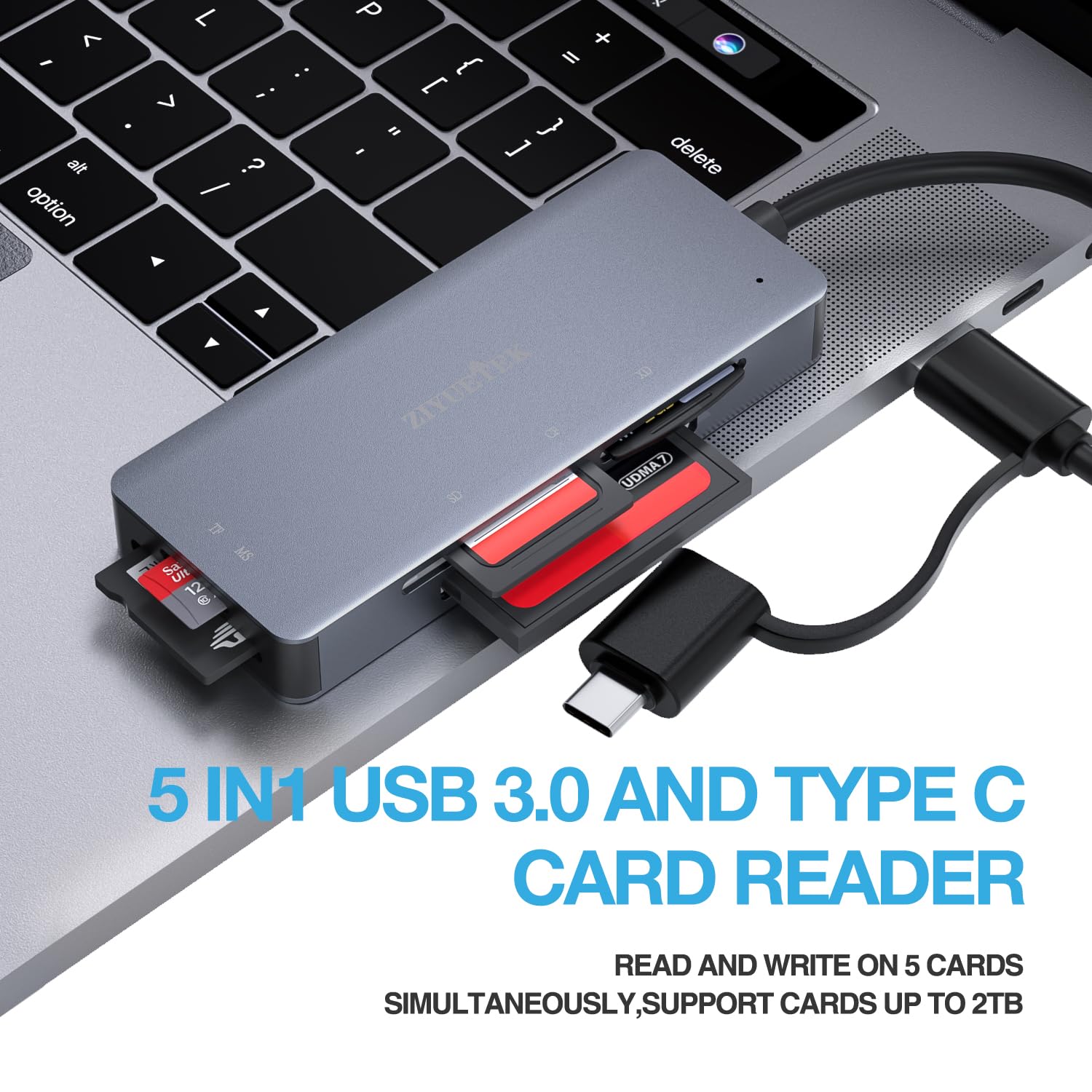 Sd Card Reader, Aluminum 5In1 Usb Usb C To Sd Micro Sd Ms Cf Xd Card Reader Adapter Compatible With Iphone 15/16/Pro/Max, Macboo