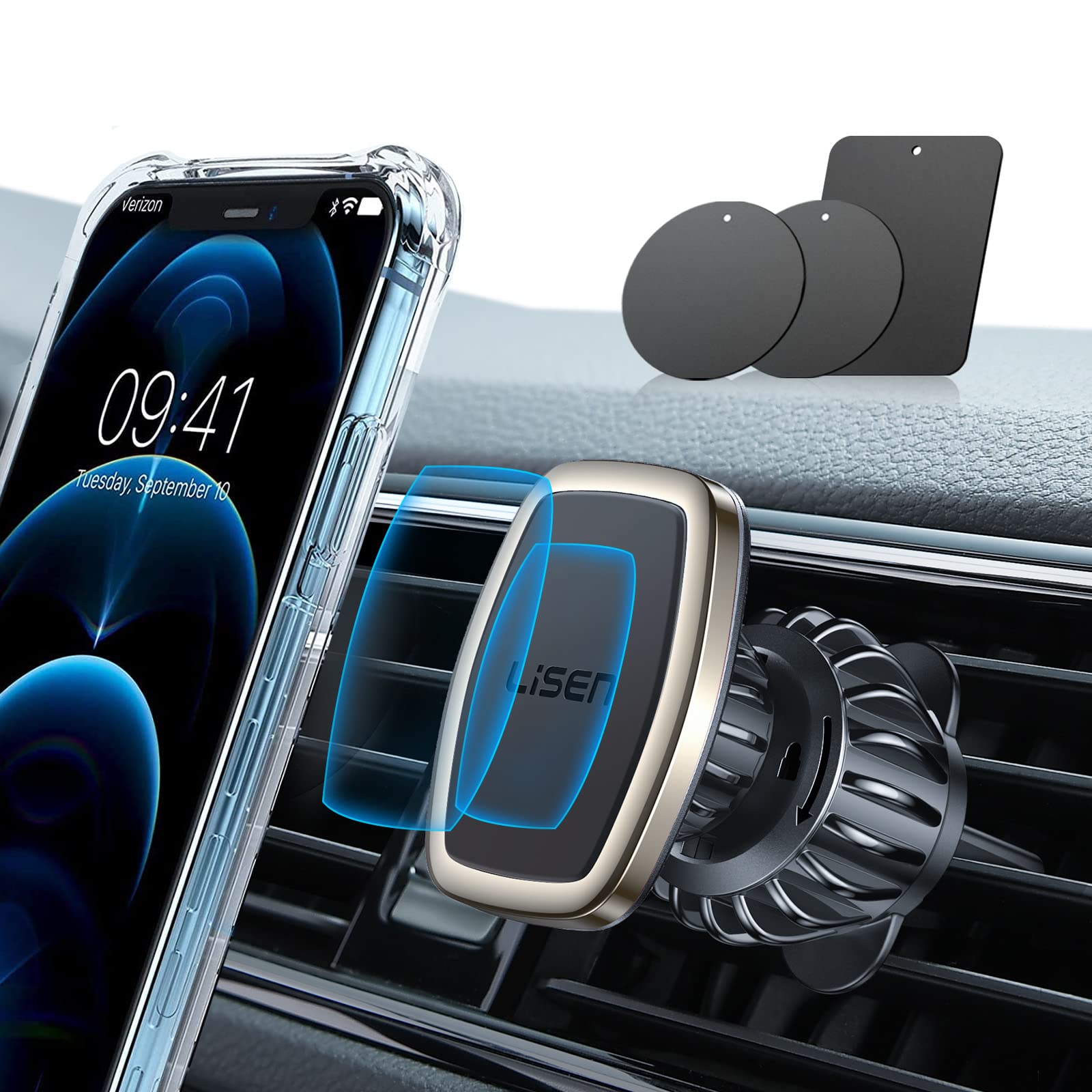 LISEN Upgraded Magnetic Phone Clip for Car - Ultra Strong 6 Magnets - Holder for 4-6.7 inch Smartphones (Gold)