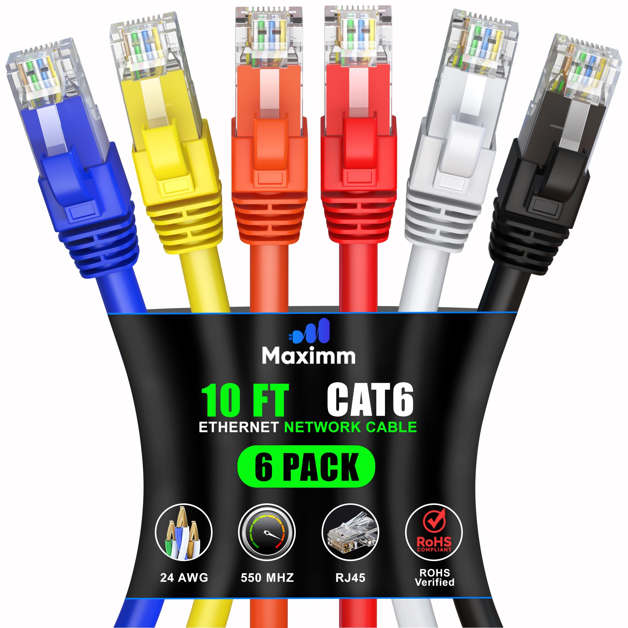 Maximm Cat 6 Ethernet Cable 10 ft (6-Pack) - High-Speed LAN Cable, Internet Cable, Patch Cable, and Network Cable - UTP, 10Gbps,