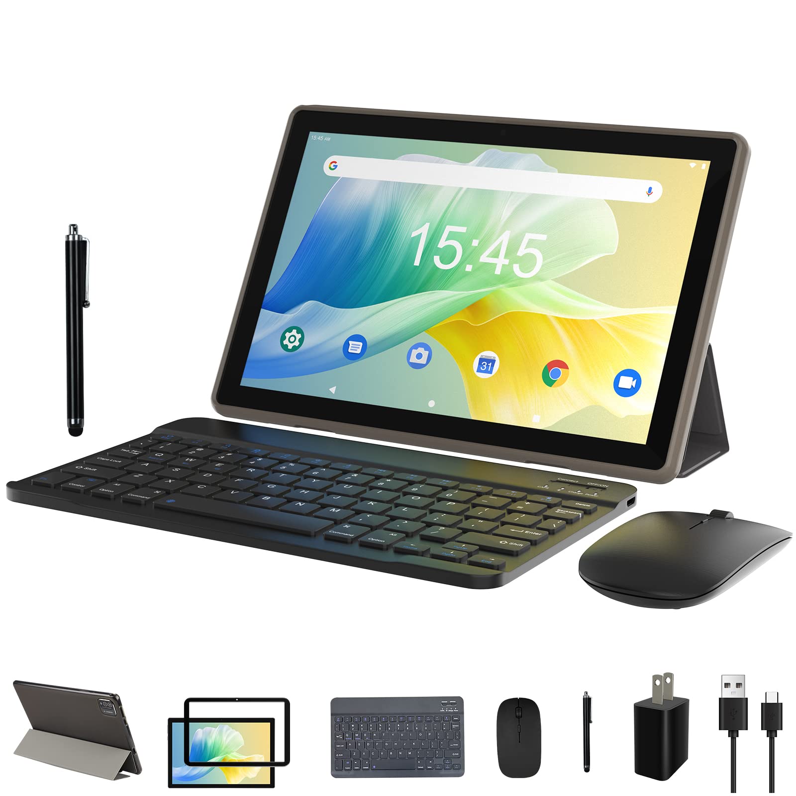 2 In 1 Tablet, 10 Inch Android Tablets With Keyboard 64Gb Rom 512Gb Expandable, Dual Camera, Ips Screen Tablet Computer, Wifi, B