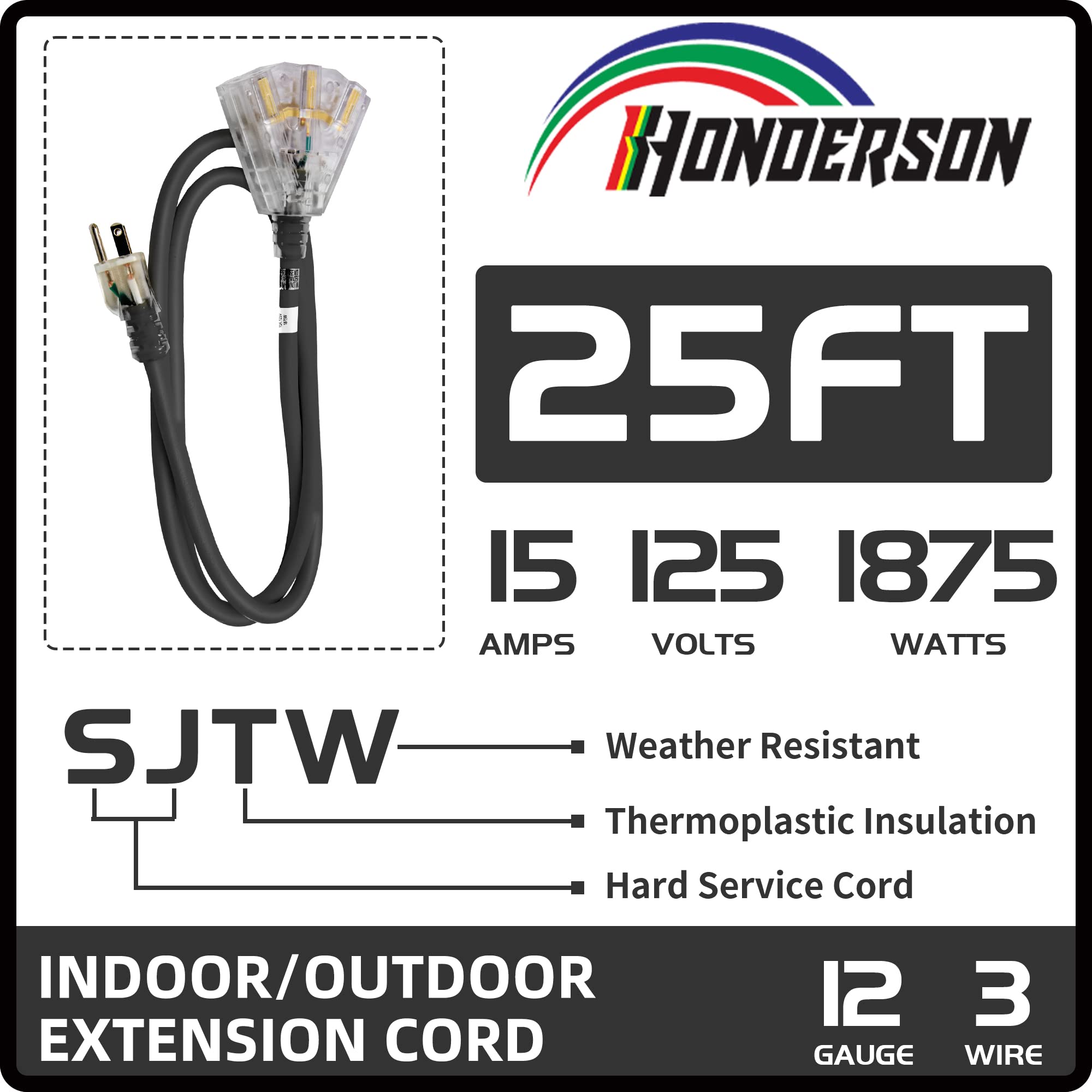 Honderson 3 Outlets Indoor Outdoor Extension Cord Weatherproof With Lighted End, Ul Listed, 12 Gauge 25Ft Black 3 Prong Heavy Du