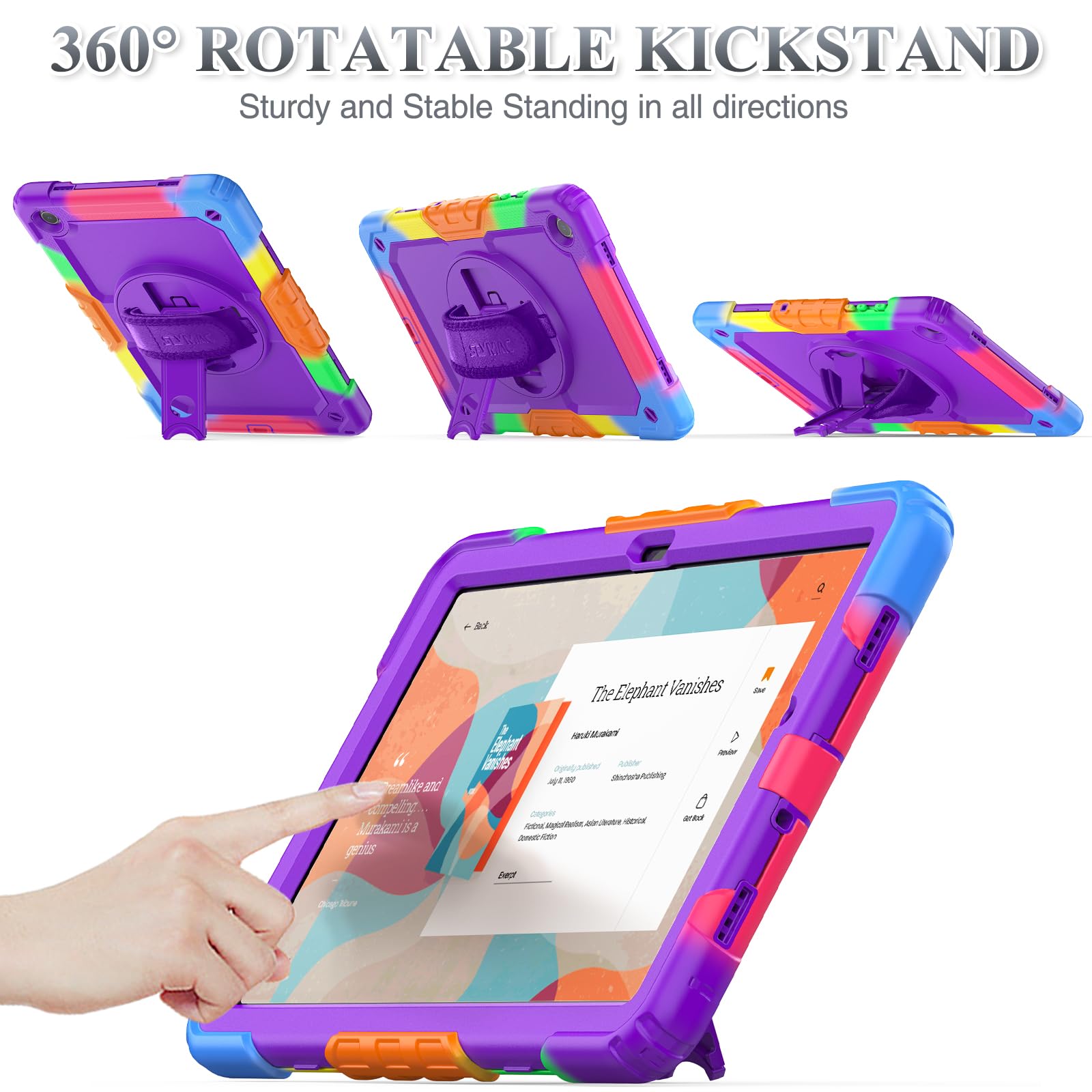 Seymac Stock 360 Hand Strap Shockproof Case For Samsung Galaxy Tab A9 Plus 11 Inch, Purple+Colorful