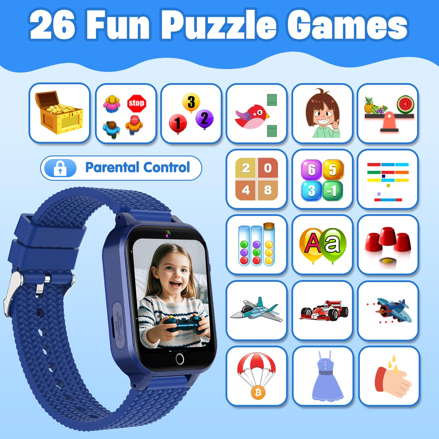 Kids Smart Watch For Boys Age 5-12, Kids Watch With 26 Games, Camera Music Player Pedometer Habit Tracking Hd Touchscreen Flashl