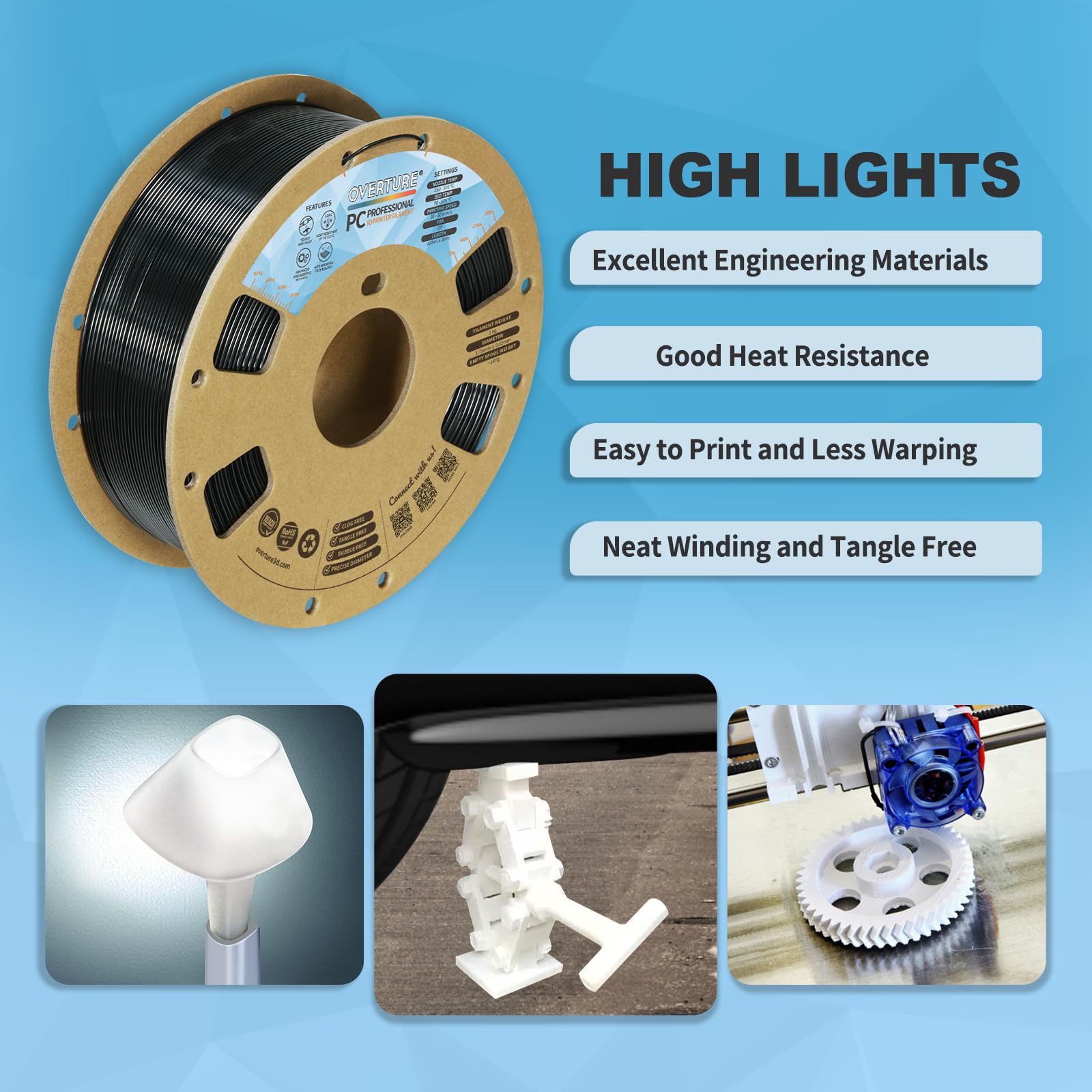 Overture Tough Pc Profeesional Filament, Cardboard Spool, 1Kg(2.2Lbs), Dimensional Accuracy 99% Probability +/  0.03Mm, Fit Most