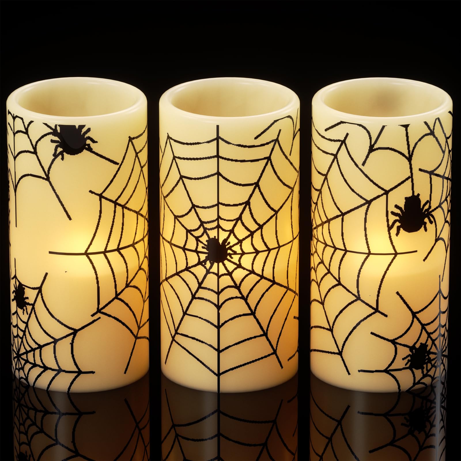 Lasumora Halloween Flameless Candles With 6H Timer, Real Wax Led Pillar Candles Flickering, Cobweb & Spider Candle Set Of 3, D3