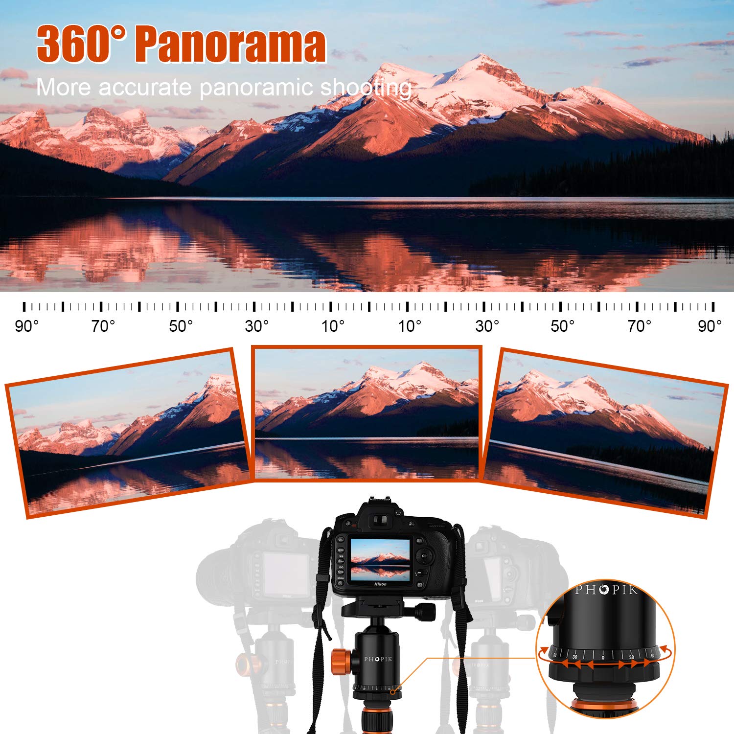 PHOPIK 77" Travel Tripod for DSLR - Lightweight, 360° Ball Head, Black, Model PT244, Supports up to 17.6 lbs, Includes Carry Bag