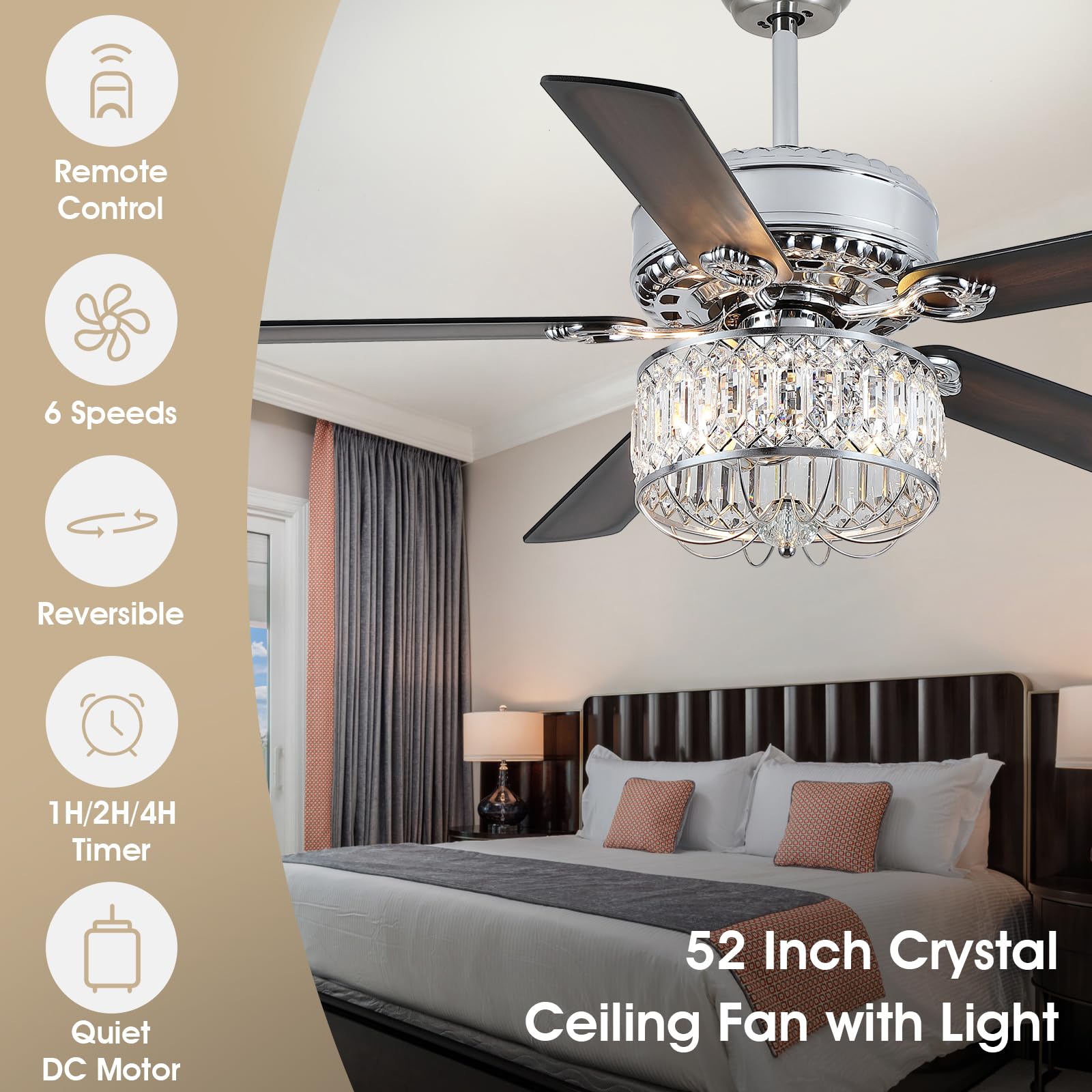 Kviflon Farmhouse Ceiling Fans With Lights And Remote, 52 Inch Indoor Chandelier Ceiling Fan With Light, Crystal Fandelier Ceili