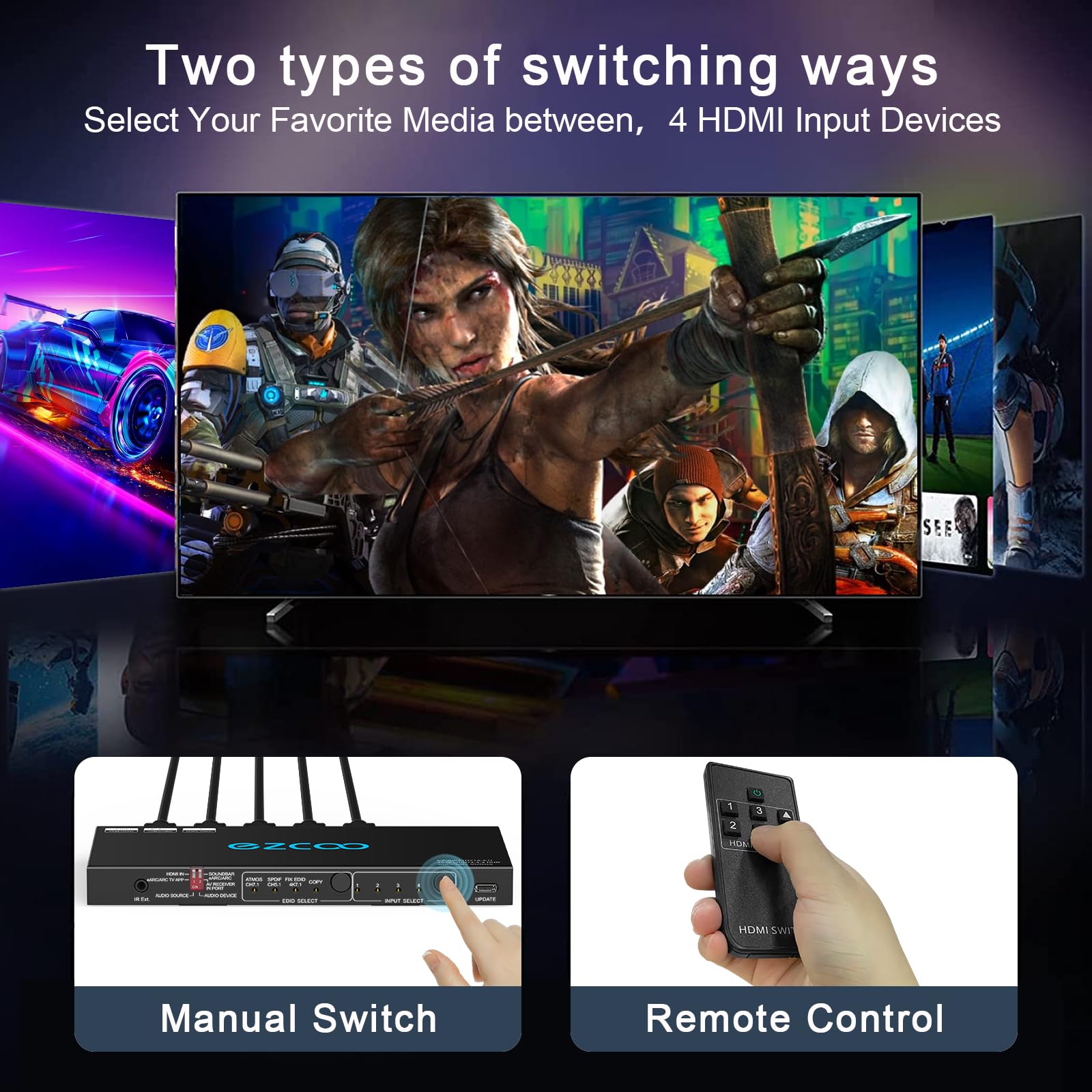 4K@120Hz Hdmi 2.1 Switch 4 In 1 Out With Audio Extractor Vrr Allm Hdcp2.3 Arc Earc Hdr Cec Spdlf Optical And 3.5Mm Audio Out D O