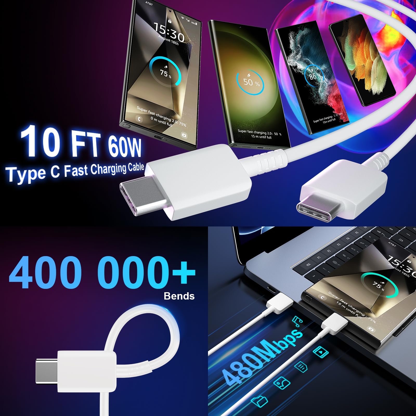 Samsung Fast Charger Type C 25W Android Charger 10Ft Usb C Charger Cable Fast Charging Block For Samsung Galaxy S23/S23 Ultra/S2