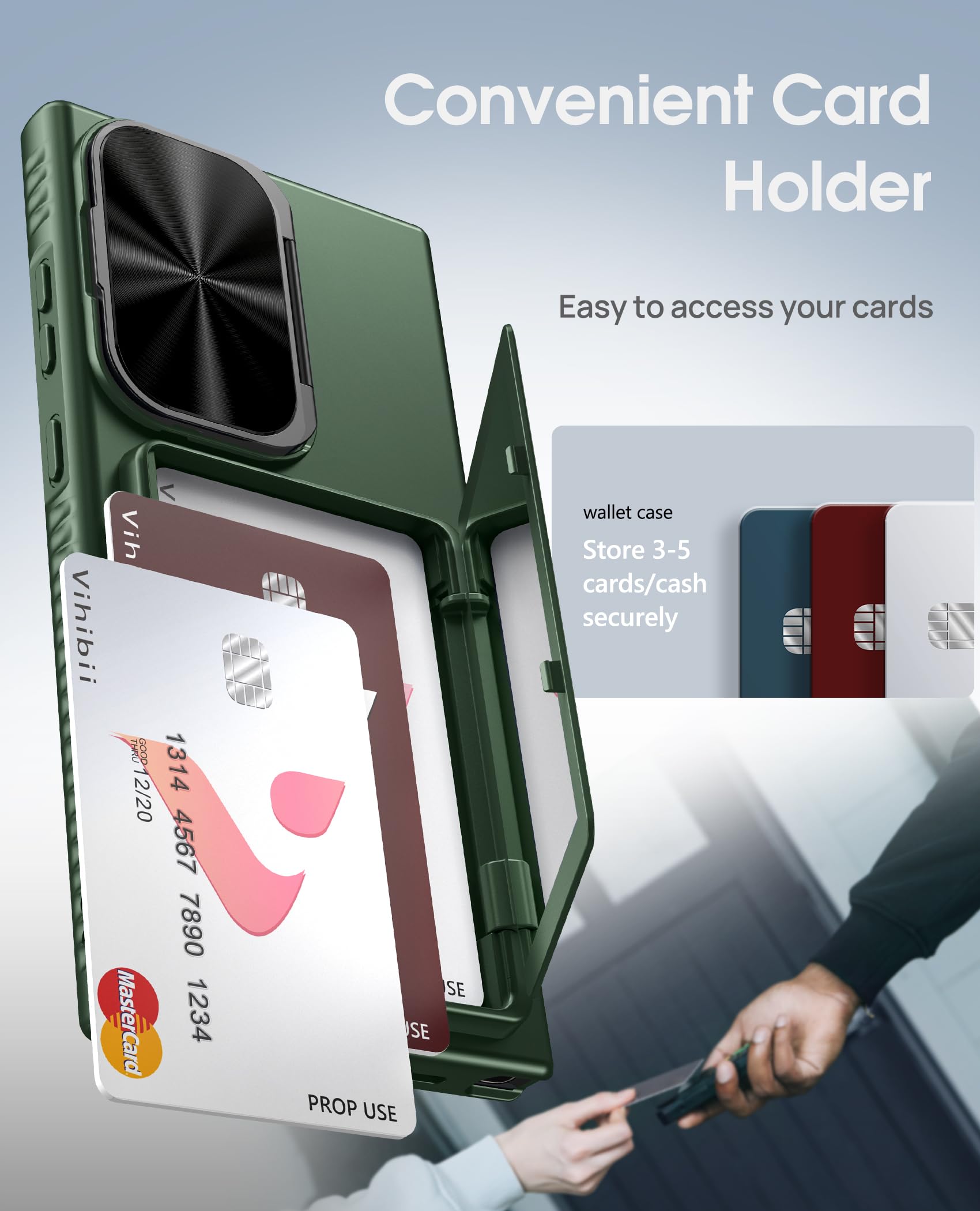 Vihibii For Samsung Galaxy S24 Ultra Case With Card Holder (4 Cards) & Stand & Camera Lens Cover & Raised Edges Protect Screen,